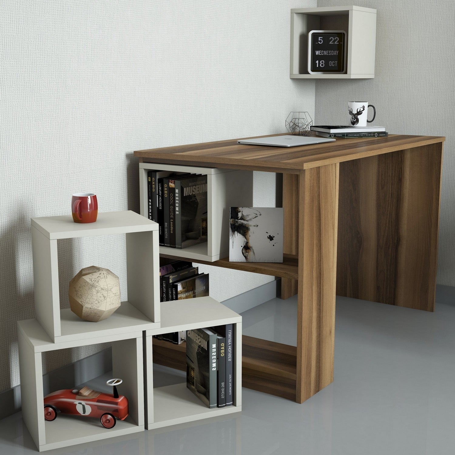 Secretária de Estudo Moderna – 120 x 75 x 65 cm – Nogueira e Creme – Painel de partículas