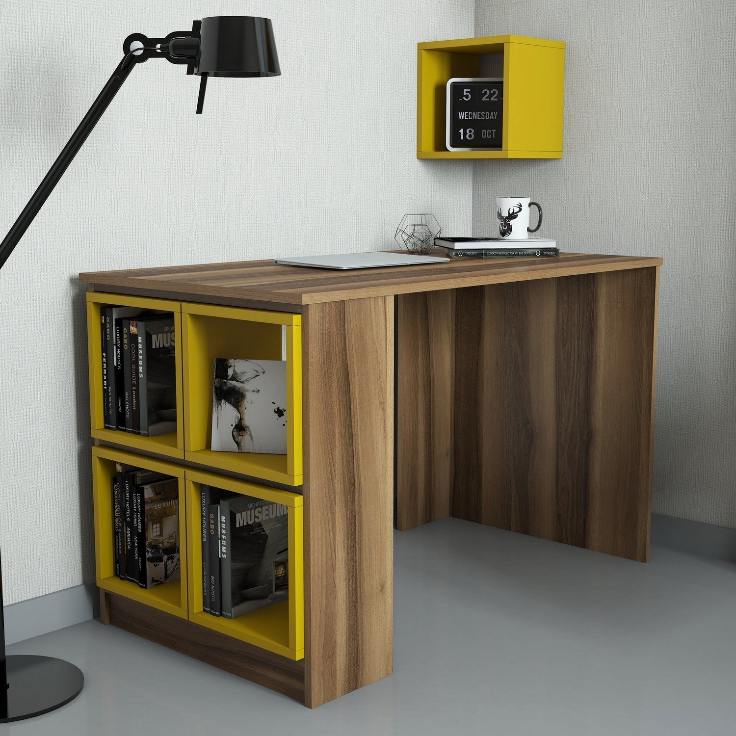 Secretária de Estudo – 120 x 75 x 65 cm – Nogueira e Amarelo – Painel de Partículas Revestido a Melamina