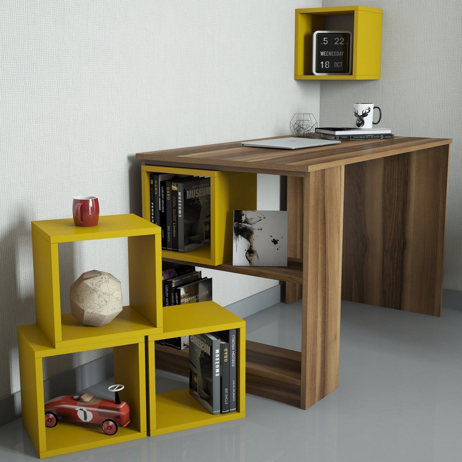 Secretária de Estudo – 120 x 75 x 65 cm – Nogueira e Amarelo – Painel de Partículas Revestido a Melamina