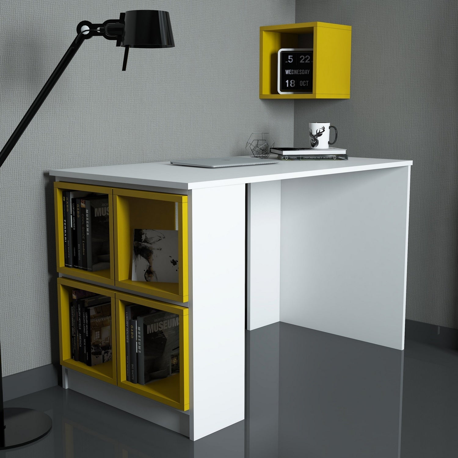 Secretária de Estudo – 120 x 75 x 65 cm – Branca e Amarela – 100% Revestimento em Melamina