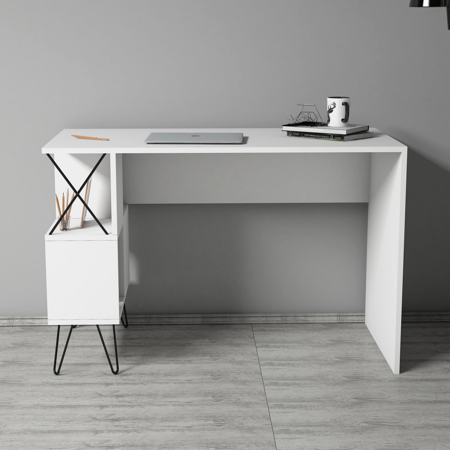 Secretária de Estudo Moderna – 120 x 78,8 x 60 cm – Branco e Preto – Painel de Partículas Revestido em Melamina