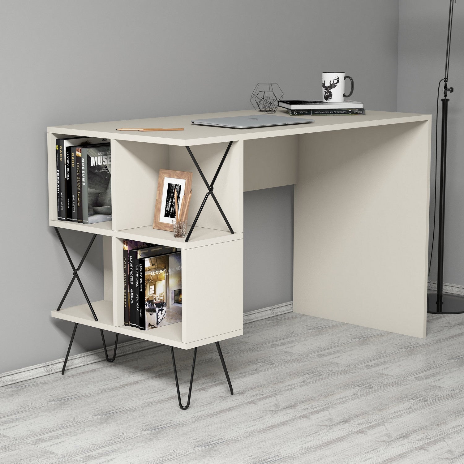Secretária de Estudo Moderna – 120 x 78,8 x 60 cm – Creme e Preto – Painéis de partículas revestidos a melamina