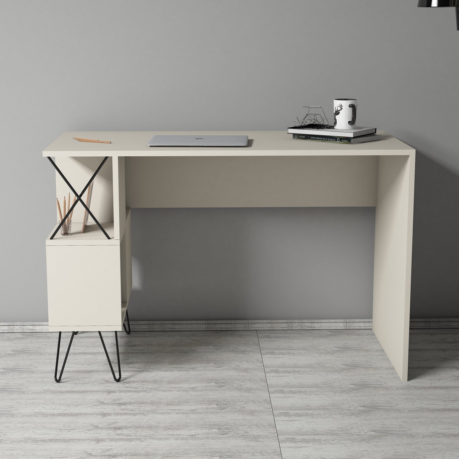 Secretária de Estudo Moderna – 120 x 78,8 x 60 cm – Creme e Preto – Painéis de partículas revestidos a melamina