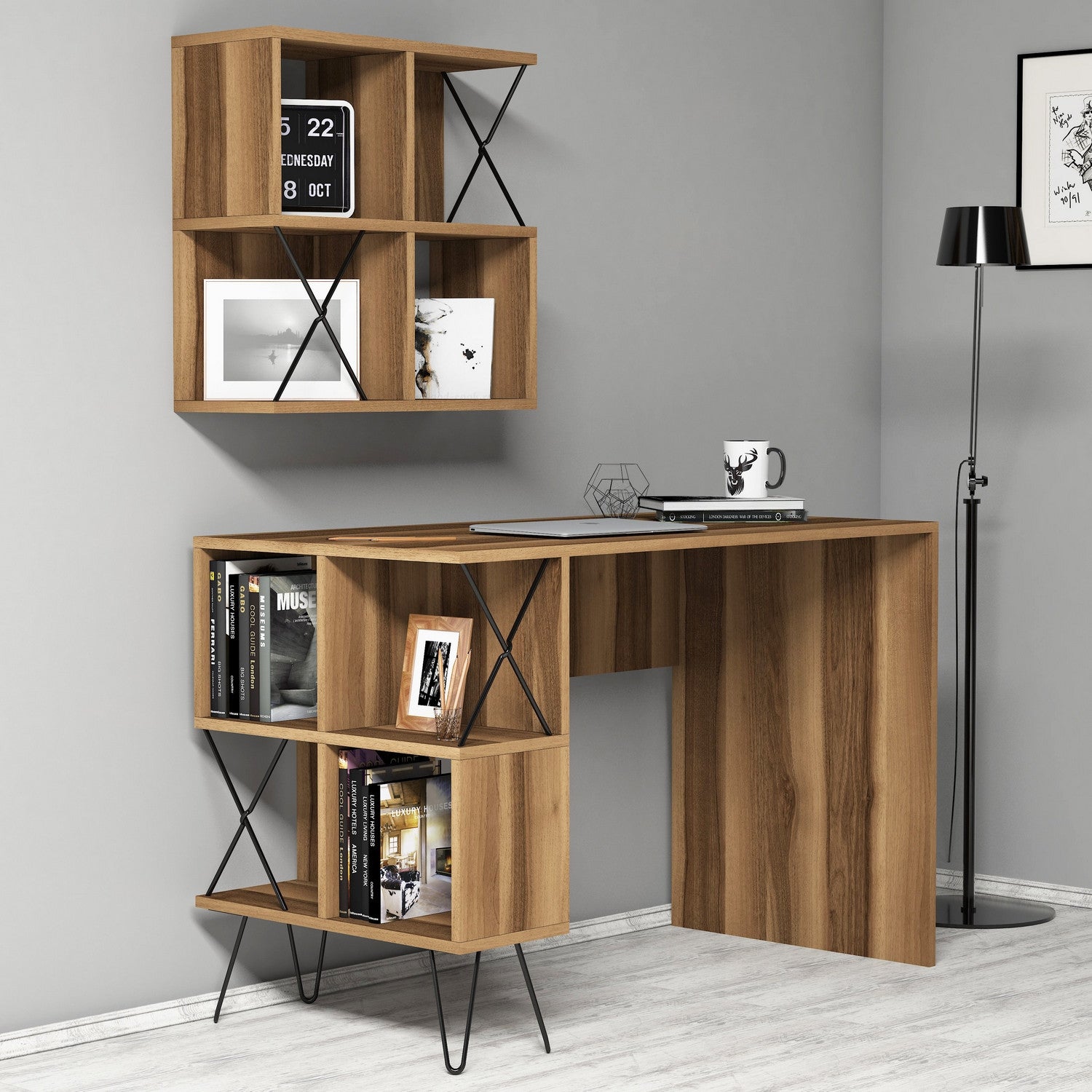 Secretária de Estudo Moderna com Prateleira de Parede – 120 x 60 x 78,8 cm – Nogueira e Preto – 100% Painéis de Partículas Revestidos a Melamina