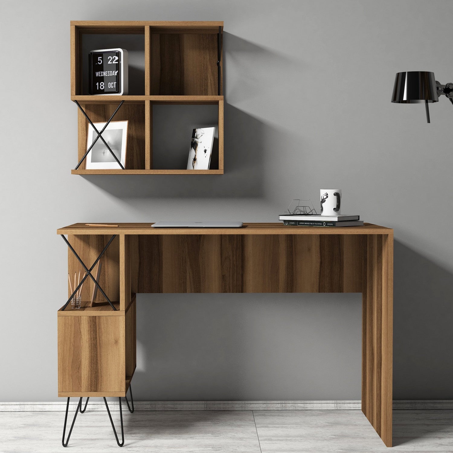 Secretária de Estudo Moderna com Prateleira de Parede – 120 x 60 x 78,8 cm – Nogueira e Preto – 100% Painéis de Partículas Revestidos a Melamina