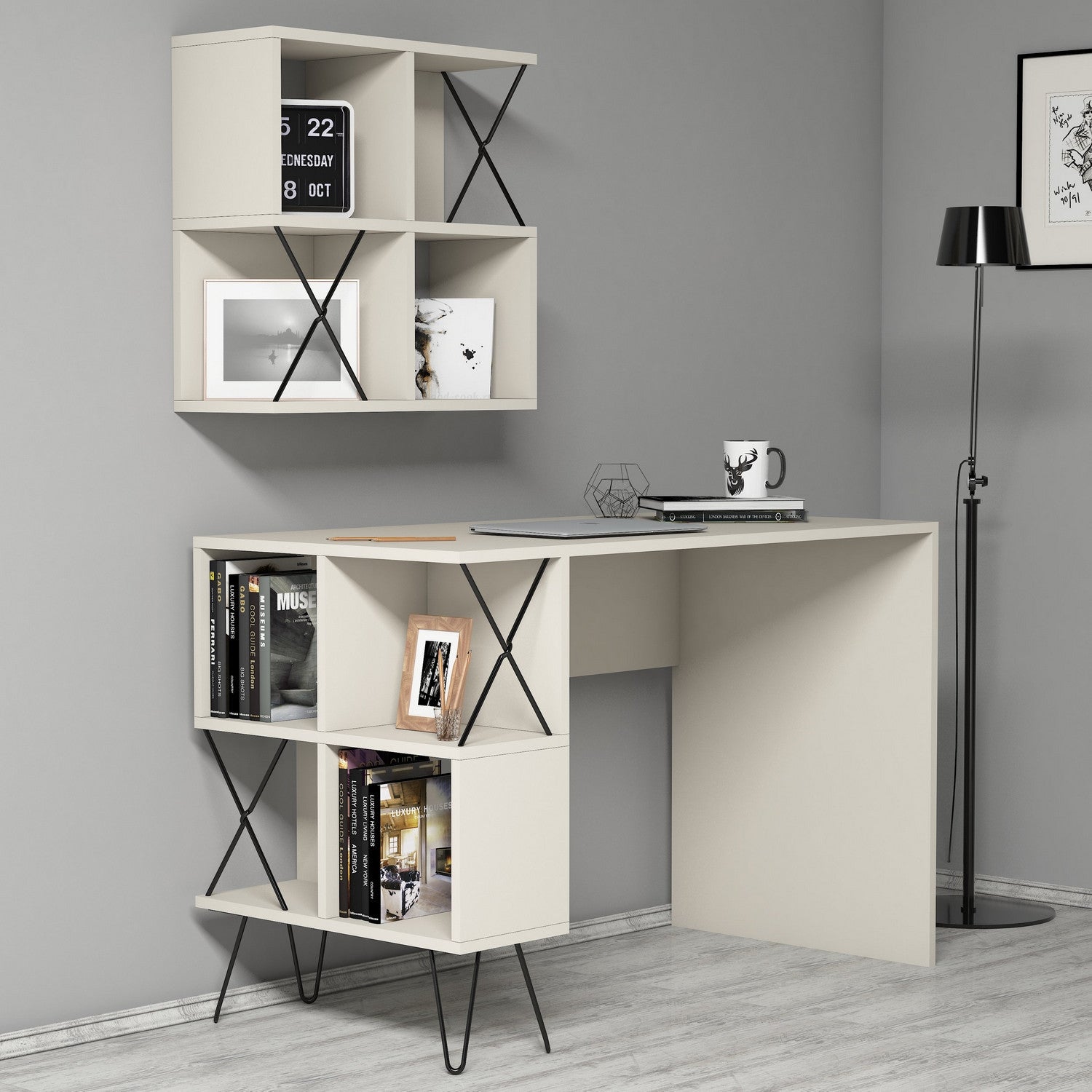 Secretária de Estudo Moderna com Prateleira de Parede – 120 x 60 x 78,8 cm – Creme e Preto – Melamina