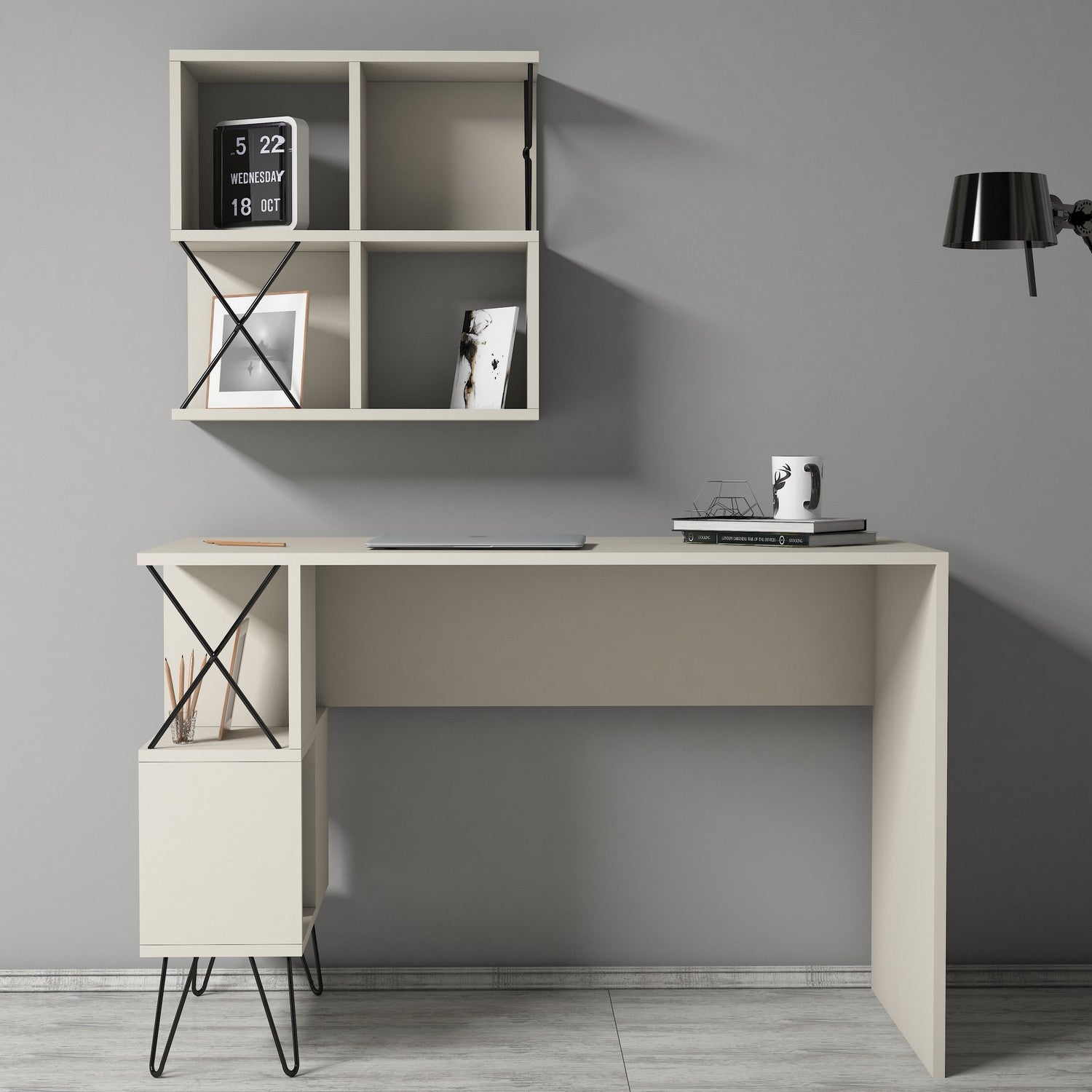 Secretária de Estudo Moderna com Prateleira de Parede – 120 x 60 x 78,8 cm – Creme e Preto – Melamina