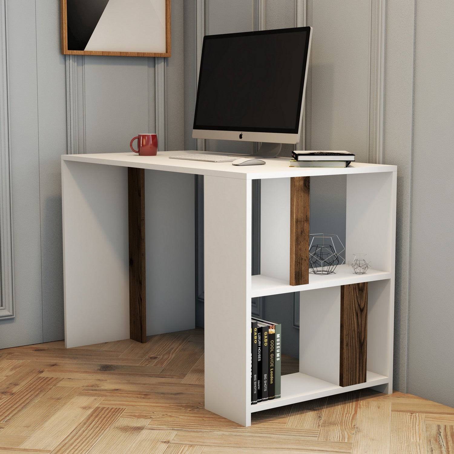 Secretária de Estudo – 120 x 60 x 75,4 cm – Branco e Nogueira – Melamina