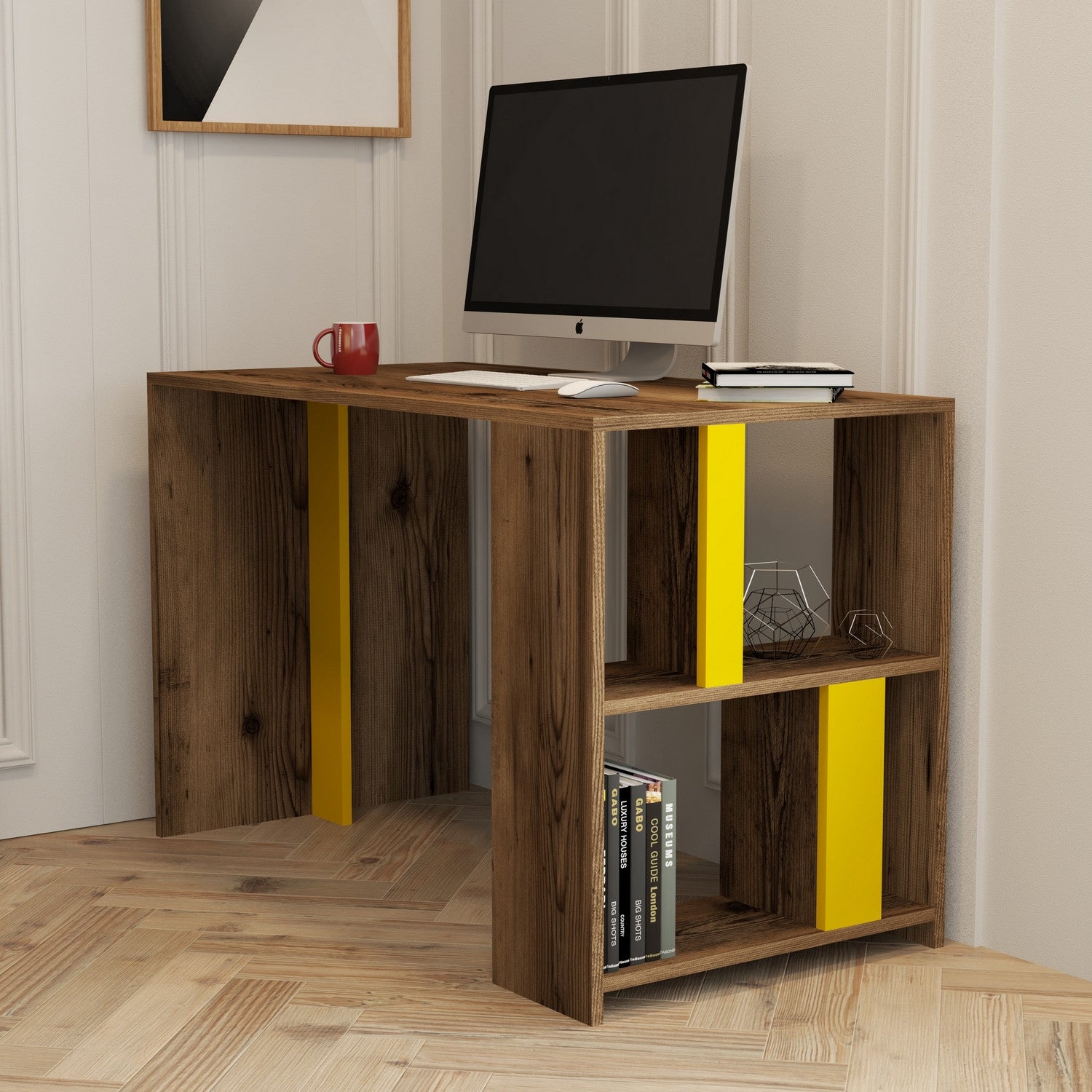 Secretária de Estudo – 120 x 60 x 75,4 cm – Nogueira e Amarelo – Painel de Partículas revestido a Melamina