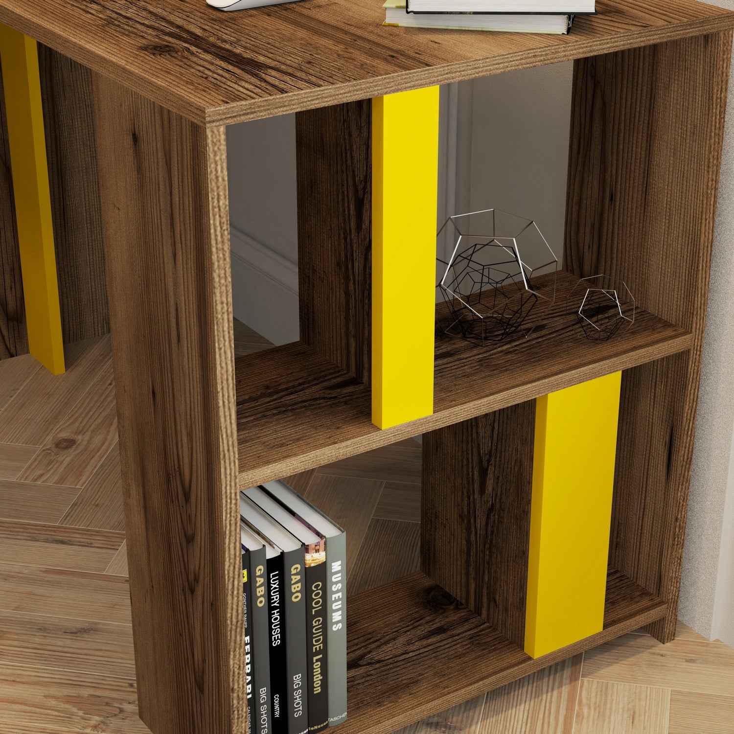 Secretária de Estudo – 120 x 60 x 75,4 cm – Nogueira e Amarelo – Painel de Partículas revestido a Melamina