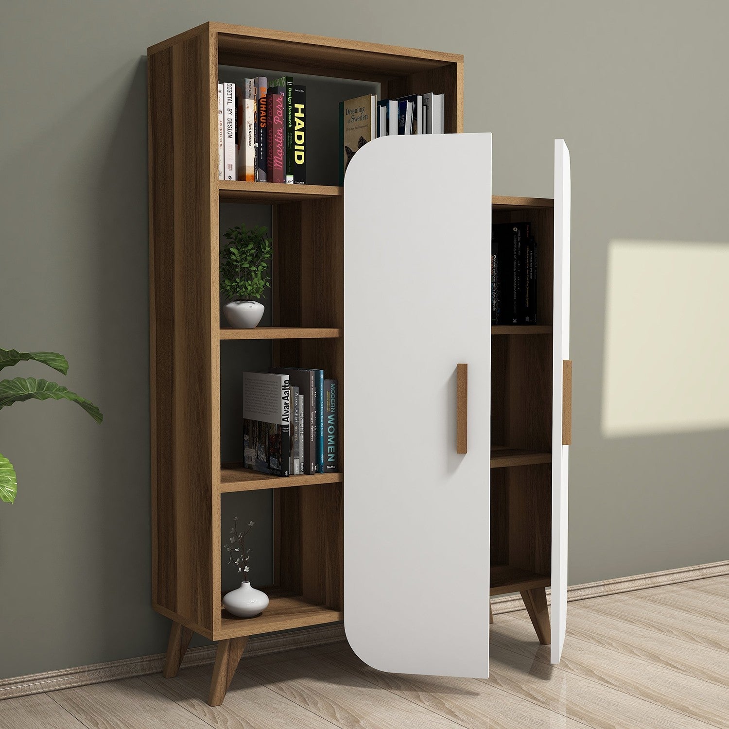 Estante moderna – 90 x 132 x 32 cm – nogueira e branco – painel de partículas revestido a melamina