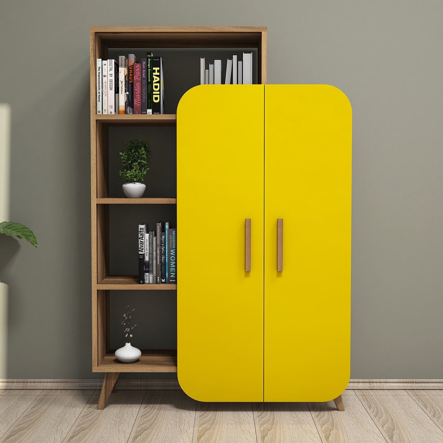 Estante – 90 x 132 x 32 cm – Nogueira e Amarelo – MDF