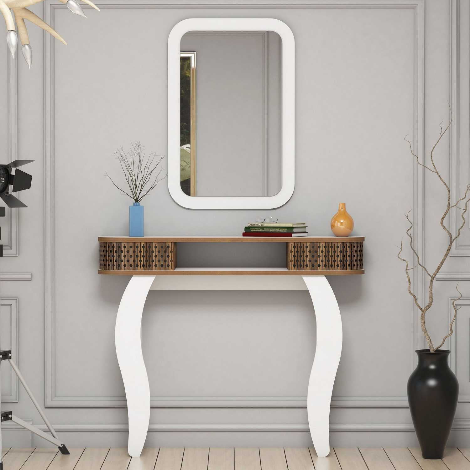 Aparador moderno branco com espelho, 105 cm | Painel de partículas 100% revestido em melamina, 18 mm de espessura | Montável na parede, com várias prateleiras, elegante e funcional