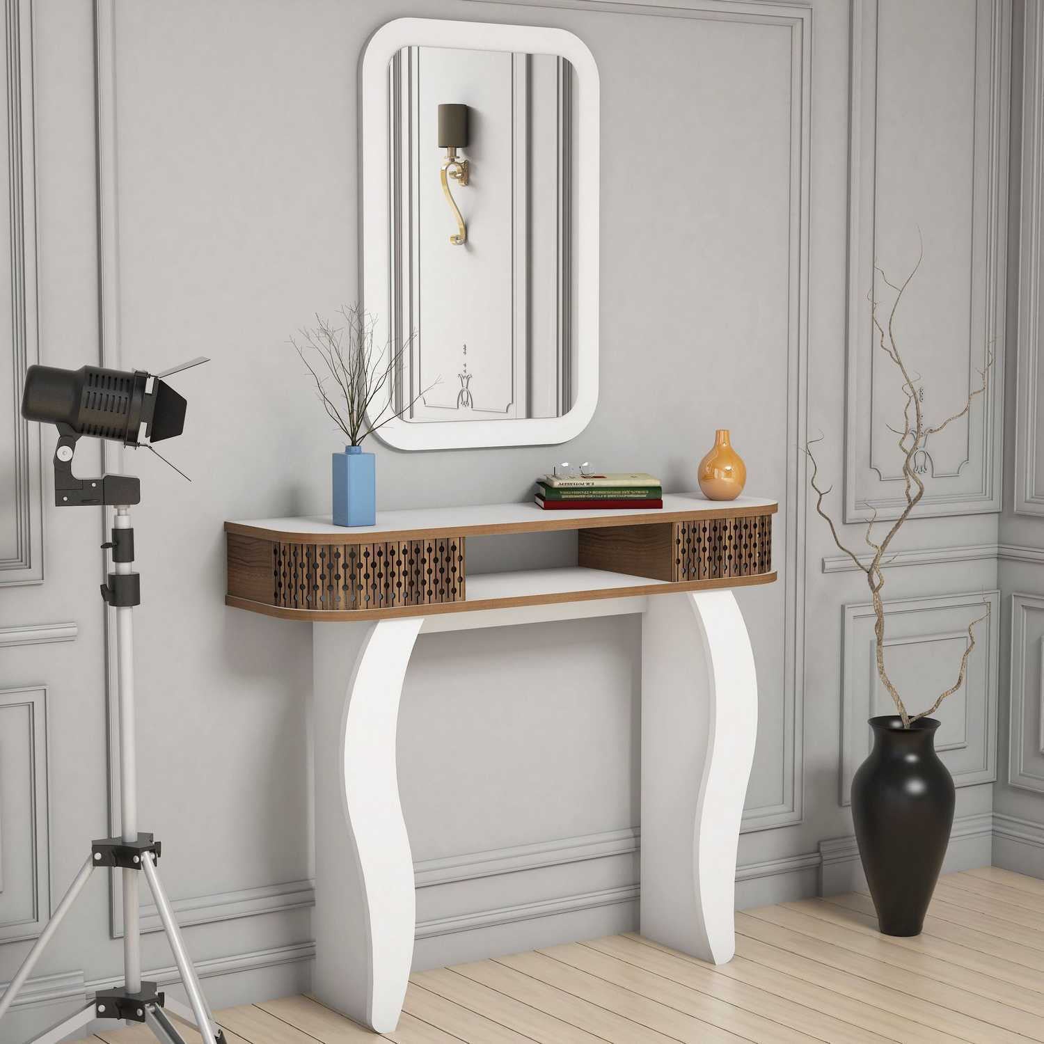 Aparador moderno branco com espelho, 105 cm | Painel de partículas 100% revestido em melamina, 18 mm de espessura | Montável na parede, com várias prateleiras, elegante e funcional