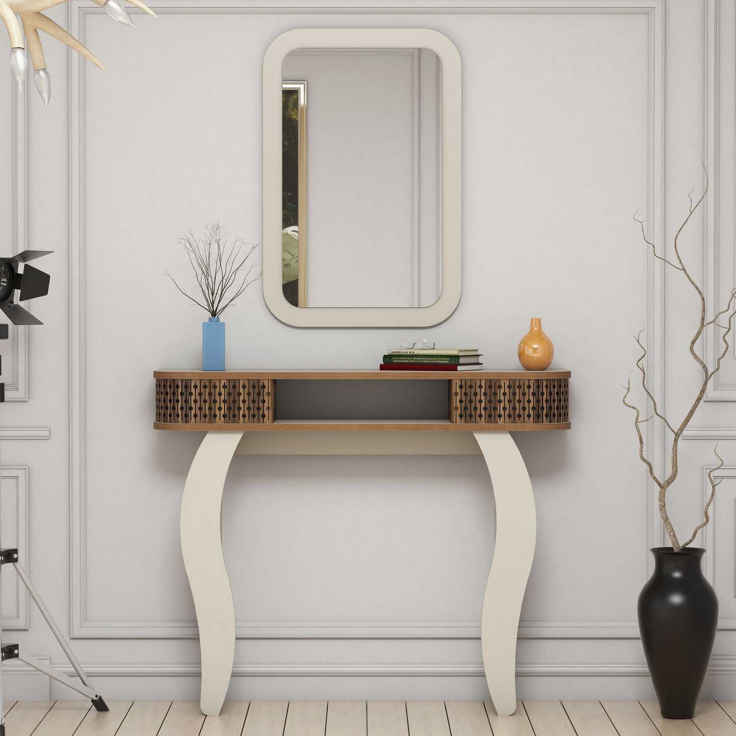 Aparador elegante em creme com espelho, 105 cm | Painel de partículas 100% revestido em melamina, 18 mm de espessura | Design tradicional americano, montável na parede, várias prateleiras