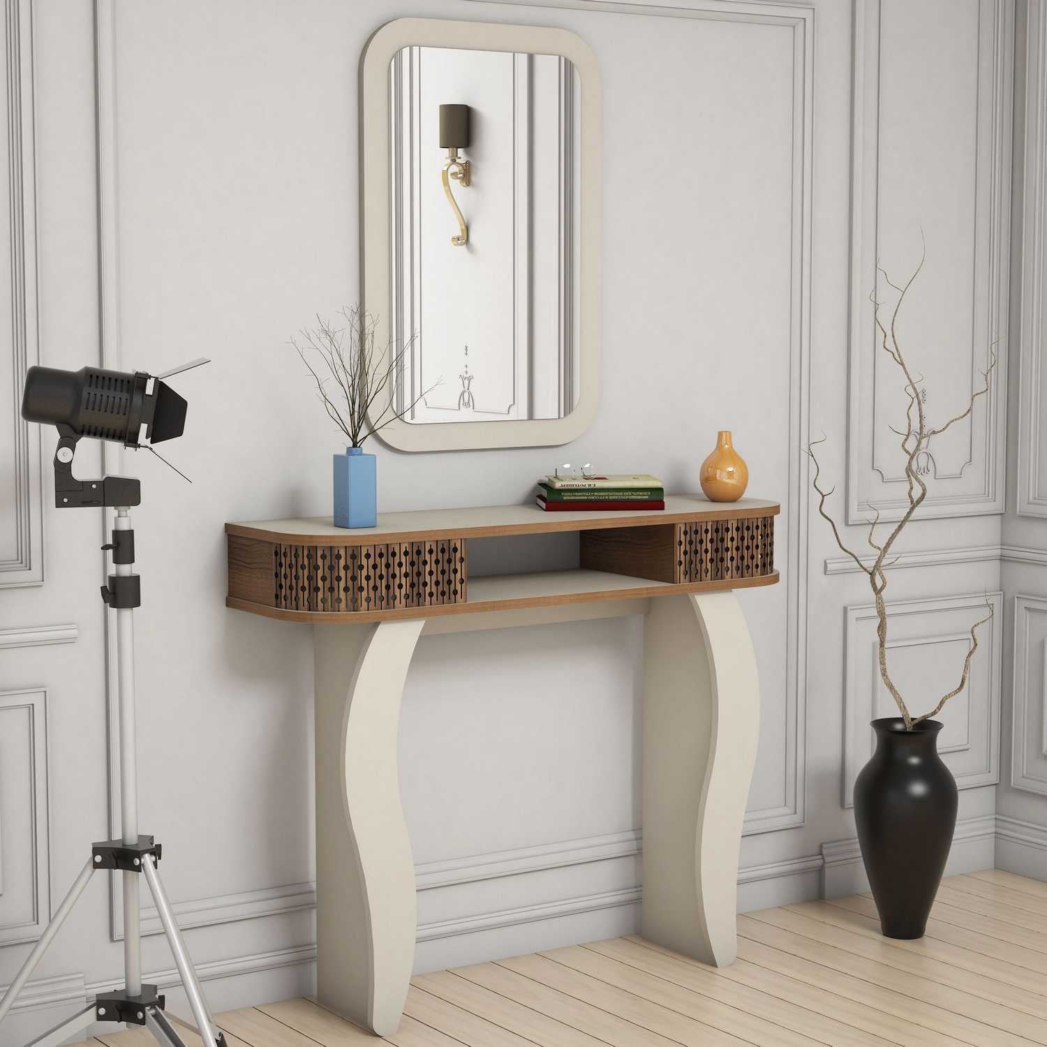 Aparador elegante em creme com espelho, 105 cm | Painel de partículas 100% revestido em melamina, 18 mm de espessura | Design tradicional americano, montável na parede, várias prateleiras