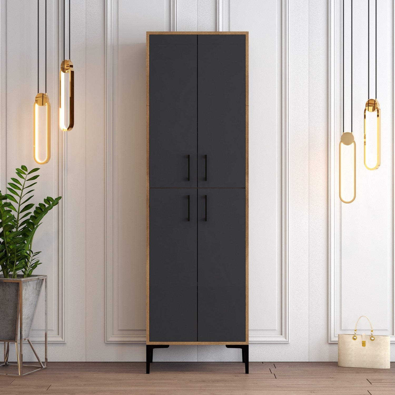Sapateira industrial, nogueira e antracite, 60 x 200 x 35 cm | 100% revestida em melamina, 18 mm de espessura, pés e puxadores de metal | Solução de armazenamento elegante e montável na parede