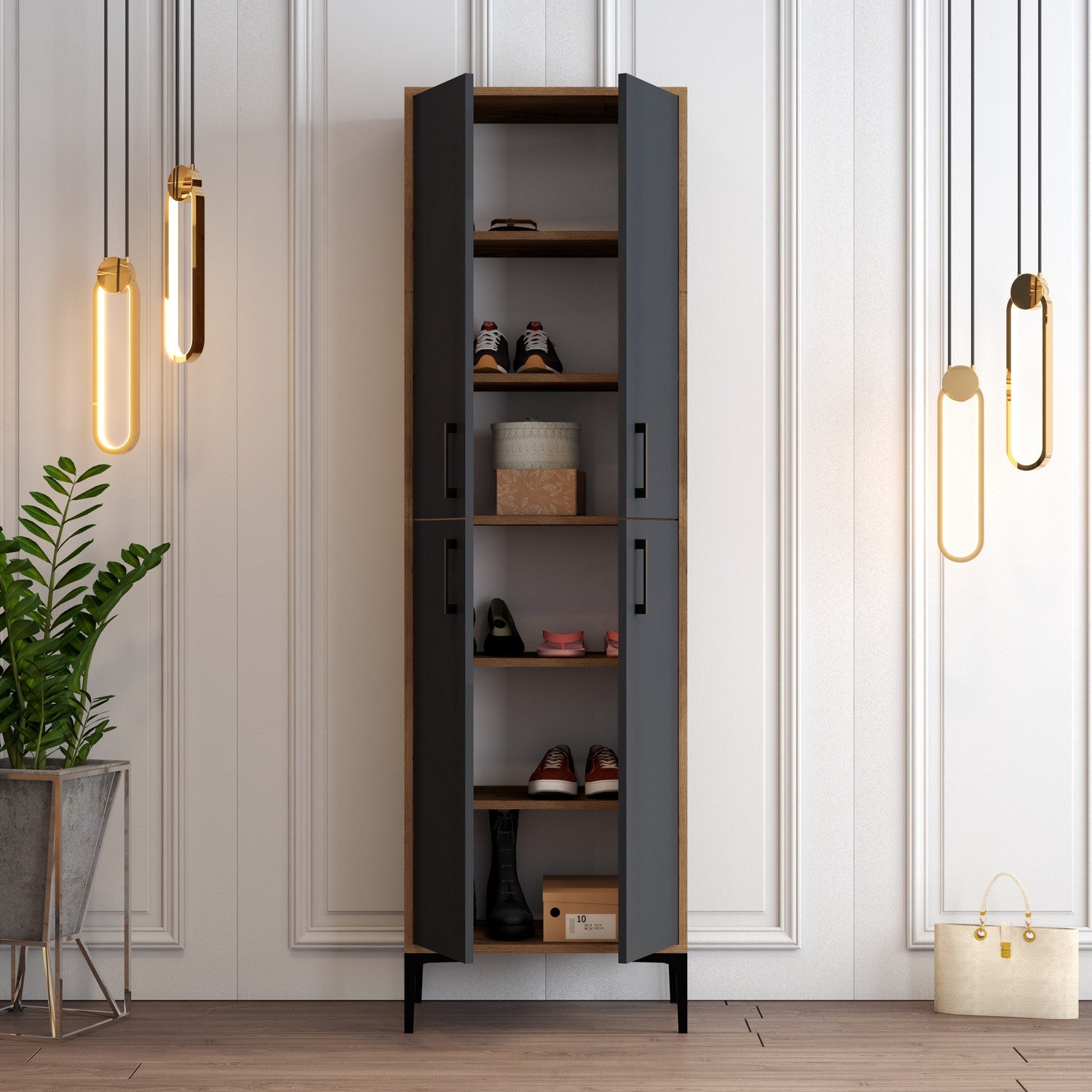 Sapateira industrial, nogueira e antracite, 60 x 200 x 35 cm | 100% revestida em melamina, 18 mm de espessura, pés e puxadores de metal | Solução de armazenamento elegante e montável na parede