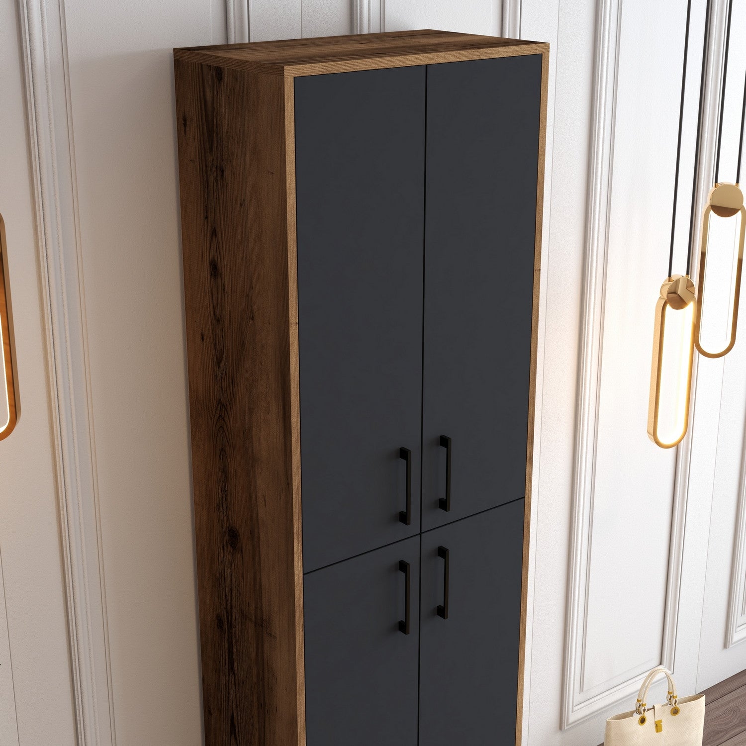 Sapateira industrial, nogueira e antracite, 60 x 200 x 35 cm | 100% revestida em melamina, 18 mm de espessura, pés e puxadores de metal | Solução de armazenamento elegante e montável na parede