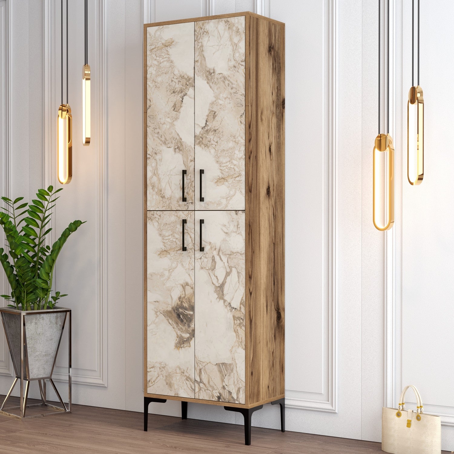 Sapateira industrial com pés e puxadores de metal, nogueira e branco, 60x200x35 cm | 100% revestida em melamina, 18 mm de espessura, montável na parede, elegante e funcional
