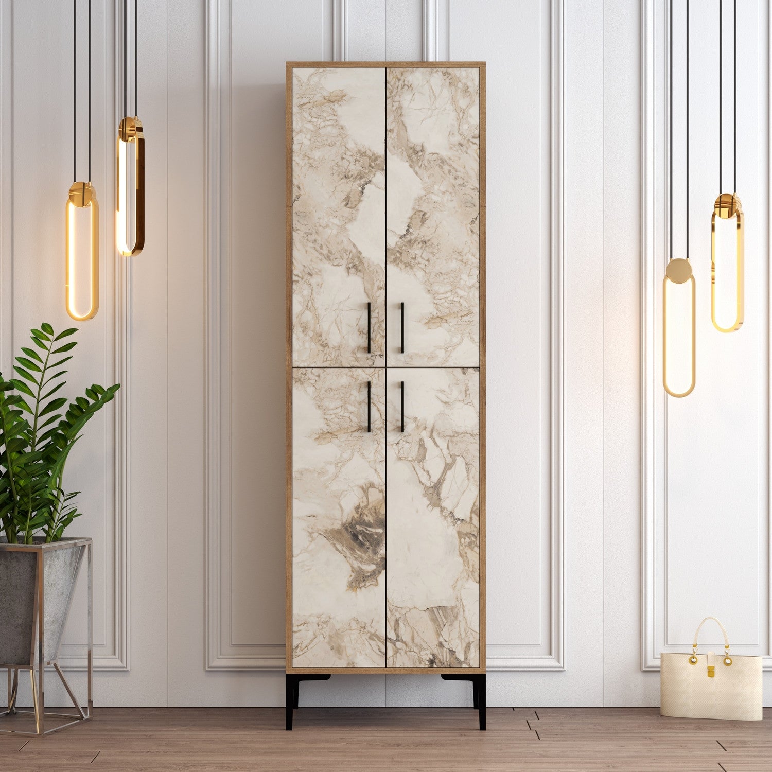 Sapateira industrial com pés e puxadores de metal, nogueira e branco, 60x200x35 cm | 100% revestida em melamina, 18 mm de espessura, montável na parede, elegante e funcional
