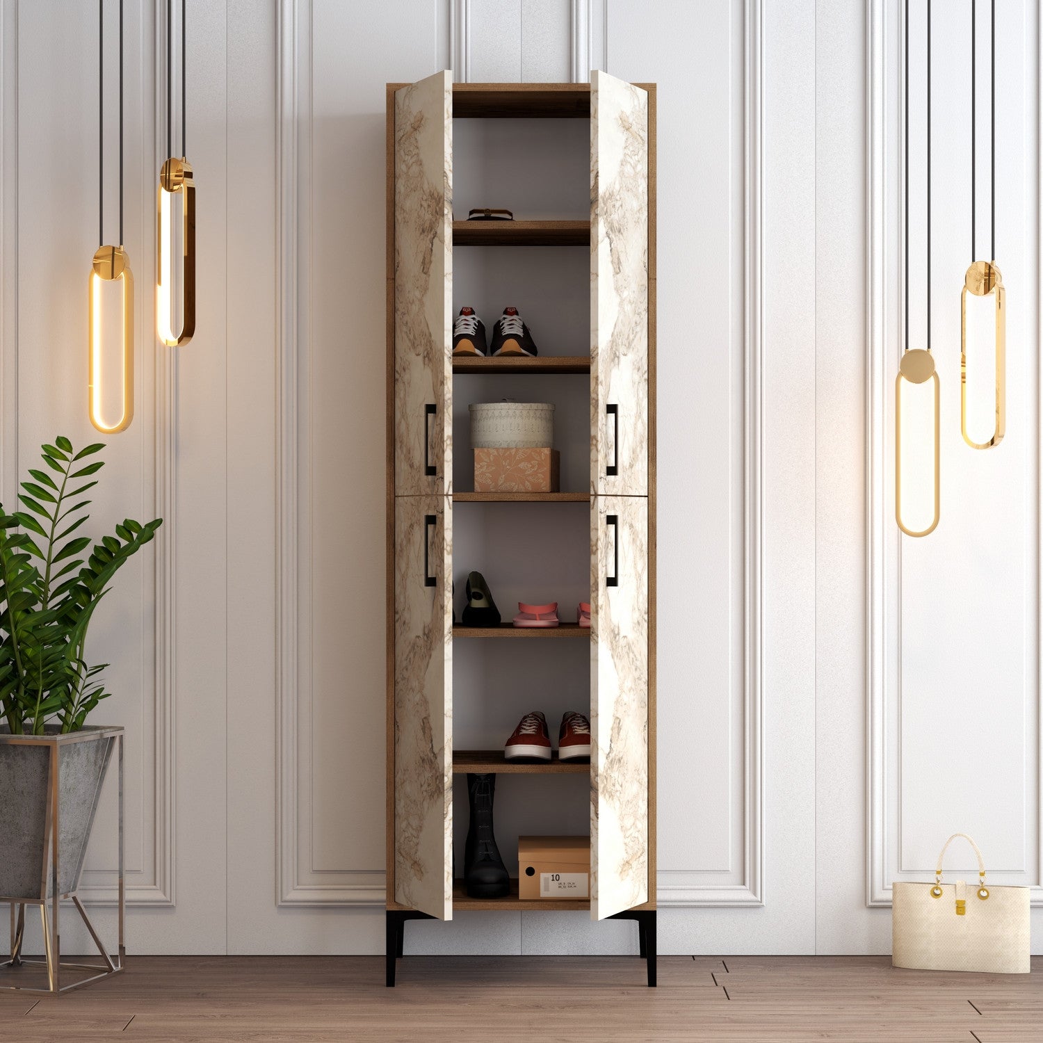 Sapateira industrial com pés e puxadores de metal, nogueira e branco, 60x200x35 cm | 100% revestida em melamina, 18 mm de espessura, montável na parede, elegante e funcional