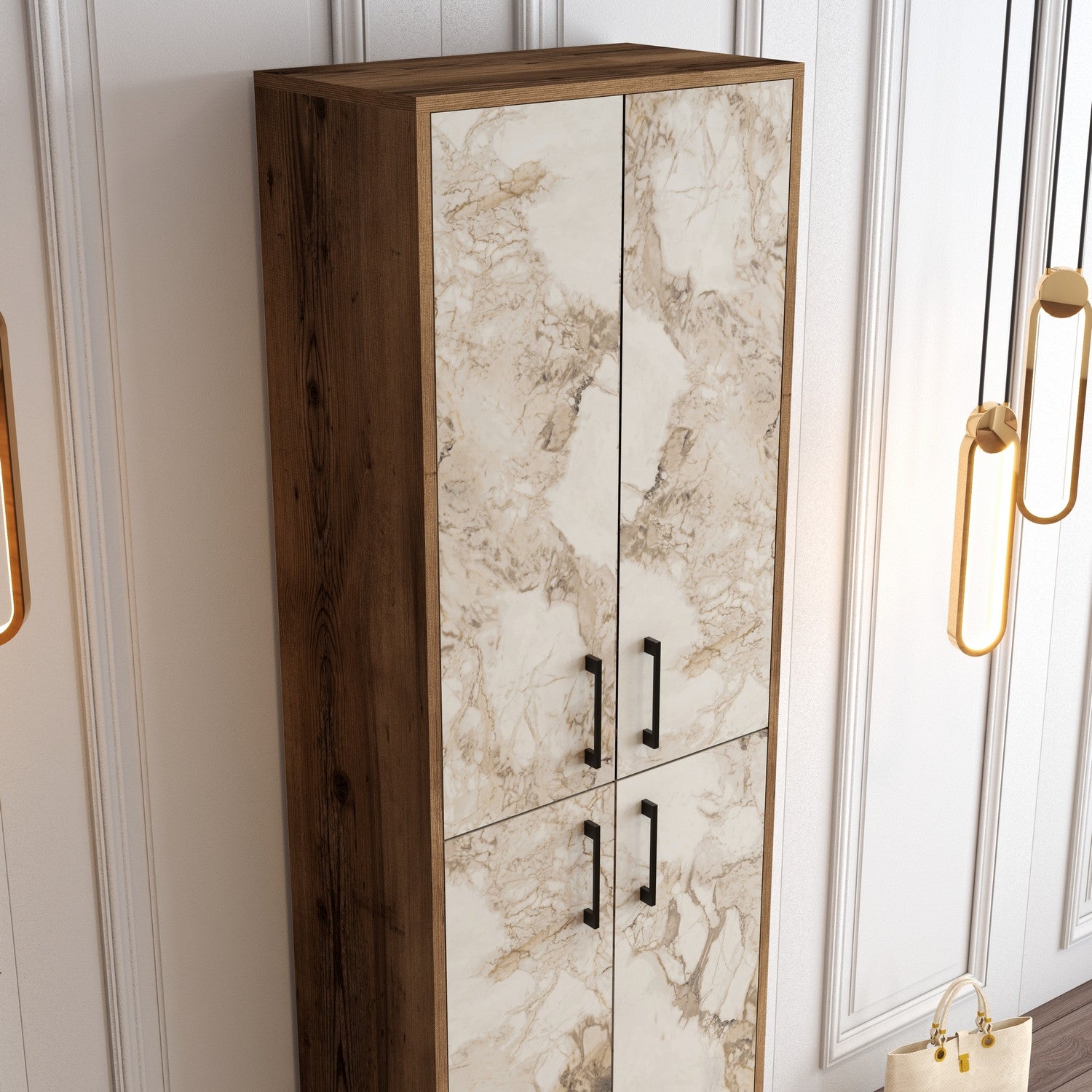 Sapateira industrial com pés e puxadores de metal, nogueira e branco, 60x200x35 cm | 100% revestida em melamina, 18 mm de espessura, montável na parede, elegante e funcional