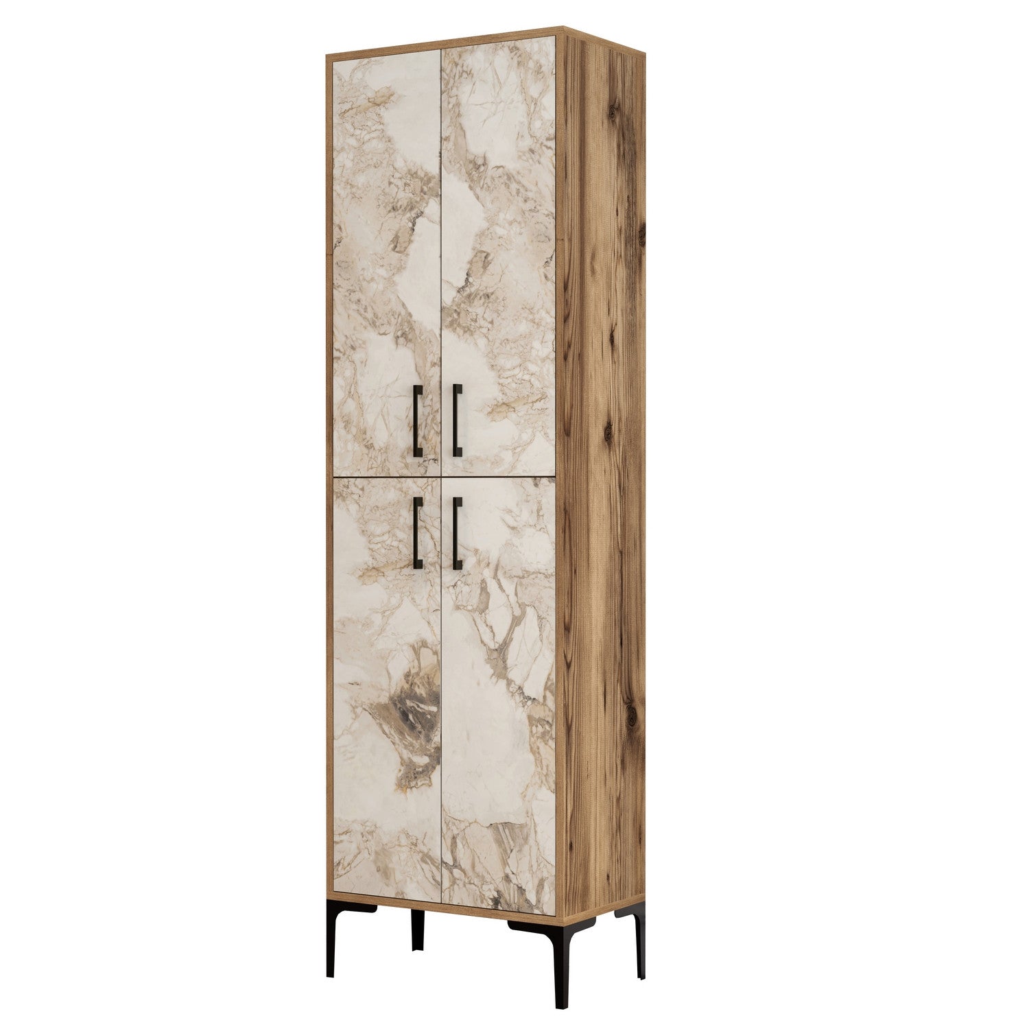 Sapateira industrial com pés e puxadores de metal, nogueira e branco, 60x200x35 cm | 100% revestida em melamina, 18 mm de espessura, montável na parede, elegante e funcional