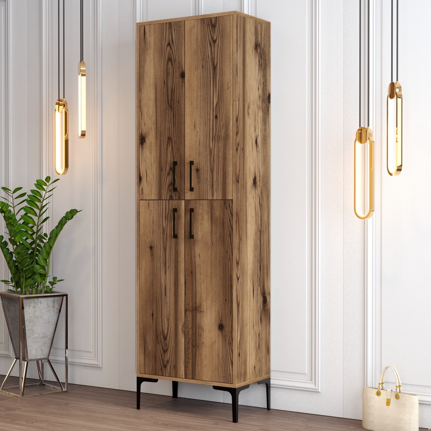 Sapateira industrial, nogueira, 60 x 200 x 35 cm | Painel de partículas 100% revestido em melamina, 18 mm de espessura, pés e puxadores de metal | Solução de armazenamento elegante e montável na parede