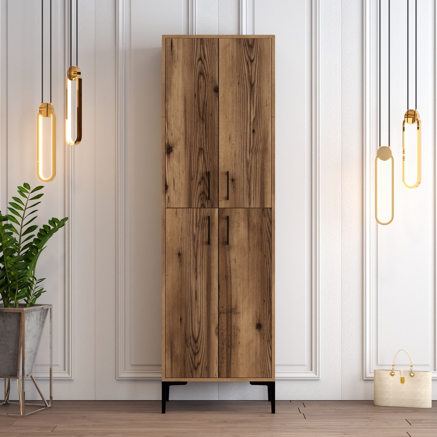 Sapateira industrial, nogueira, 60 x 200 x 35 cm | Painel de partículas 100% revestido em melamina, 18 mm de espessura, pés e puxadores de metal | Solução de armazenamento elegante e montável na parede