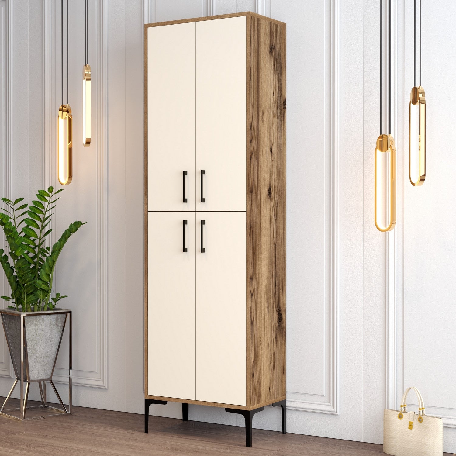 Sapateira industrial, nogueira e creme, 60 x 200 x 35 cm | 100% revestida em melamina, 18 mm de espessura, pés de metal, montável na parede, armazenamento elegante e funcional