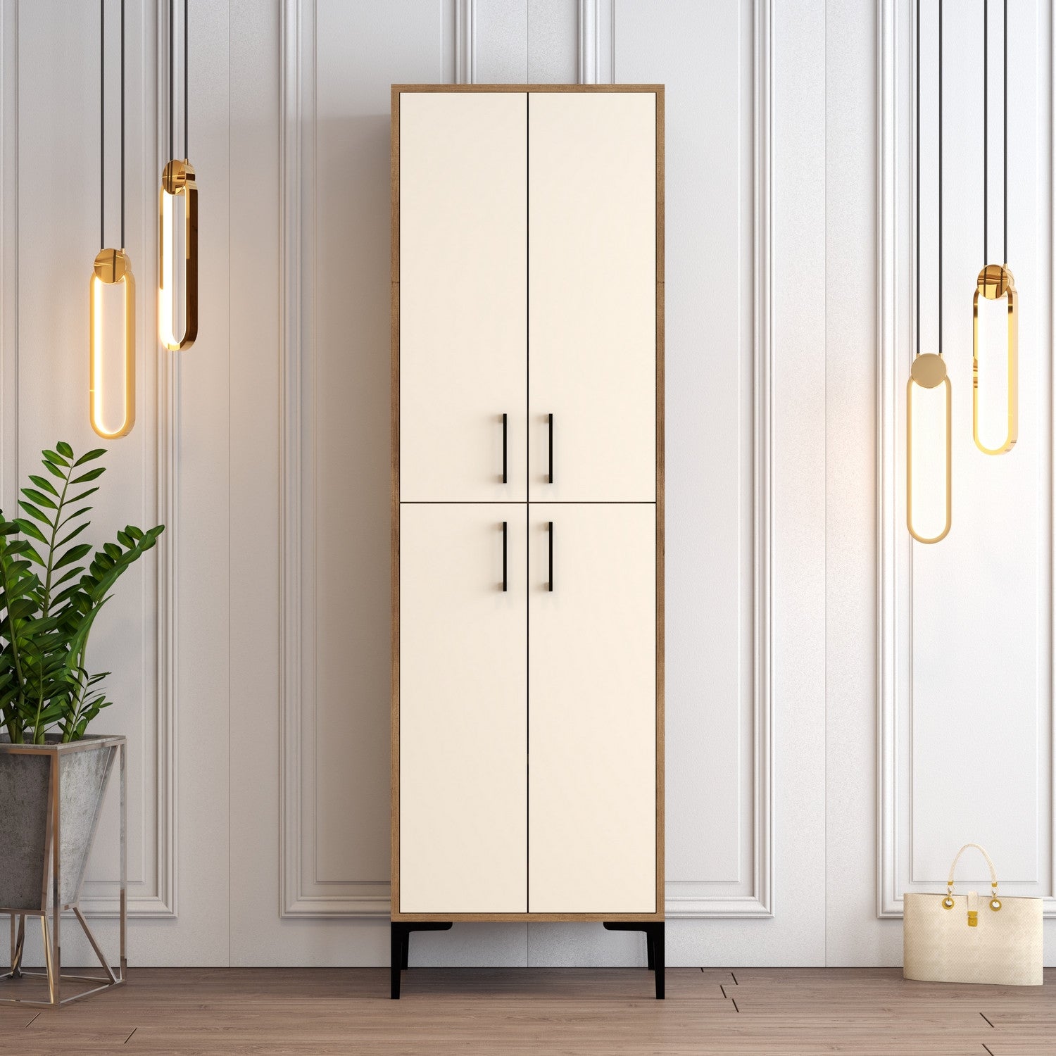 Sapateira industrial, nogueira e creme, 60 x 200 x 35 cm | 100% revestida em melamina, 18 mm de espessura, pés de metal, montável na parede, armazenamento elegante e funcional