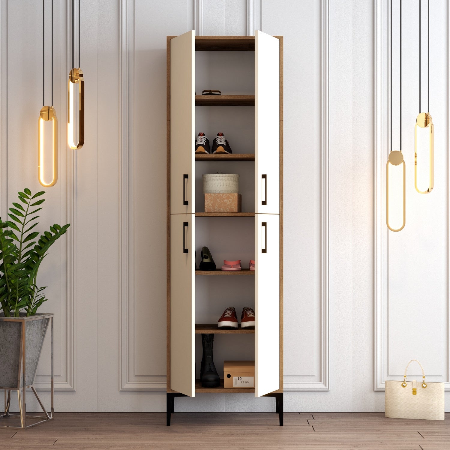 Sapateira industrial, nogueira e creme, 60 x 200 x 35 cm | 100% revestida em melamina, 18 mm de espessura, pés de metal, montável na parede, armazenamento elegante e funcional