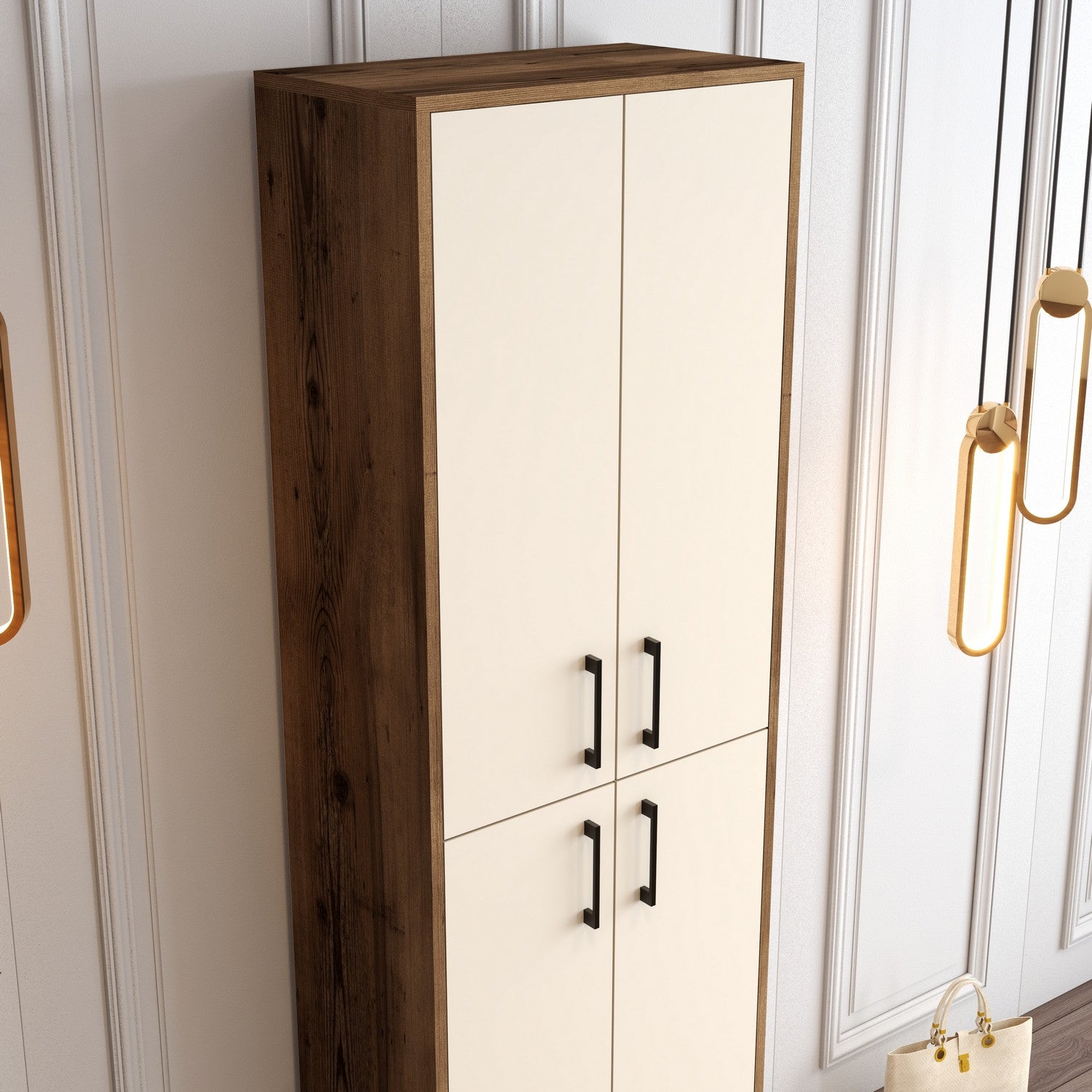 Sapateira industrial, nogueira e creme, 60 x 200 x 35 cm | 100% revestida em melamina, 18 mm de espessura, pés de metal, montável na parede, armazenamento elegante e funcional