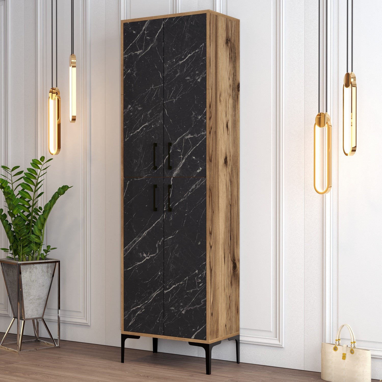 Sapateira industrial com pés e puxadores de metal, nogueira e preta, 60 x 200 x 35 cm | 100% revestida em melamina, 18 mm de espessura, montável na parede, solução de armazenamento elegante