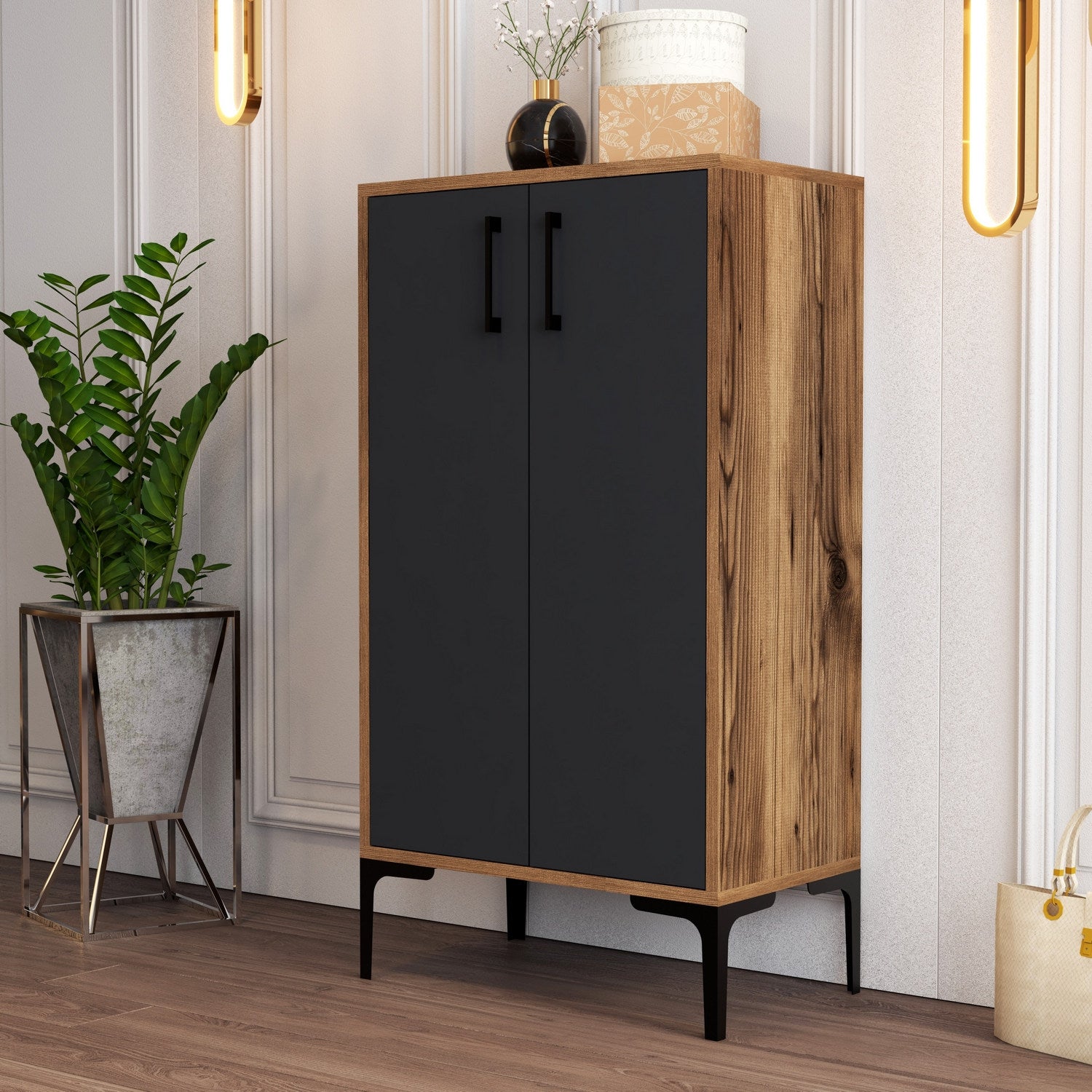 Sapateira industrial, nogueira e antracite, 60 x 111 x 35 cm | 100% revestida em melamina, 18 mm de espessura, pés de metal, montagem na parede, design elegante e funcional