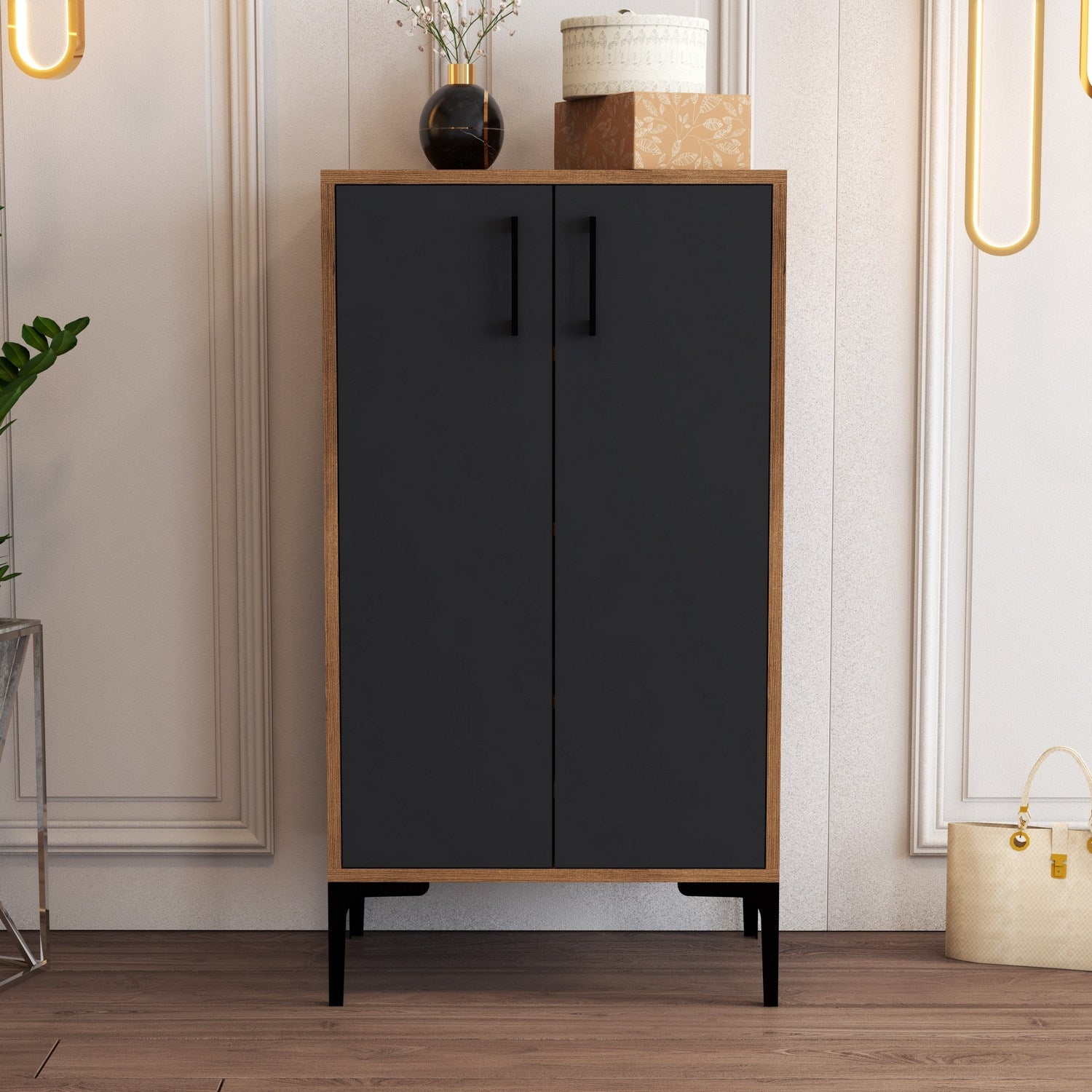 Sapateira industrial, nogueira e antracite, 60 x 111 x 35 cm | 100% revestida em melamina, 18 mm de espessura, pés de metal, montagem na parede, design elegante e funcional