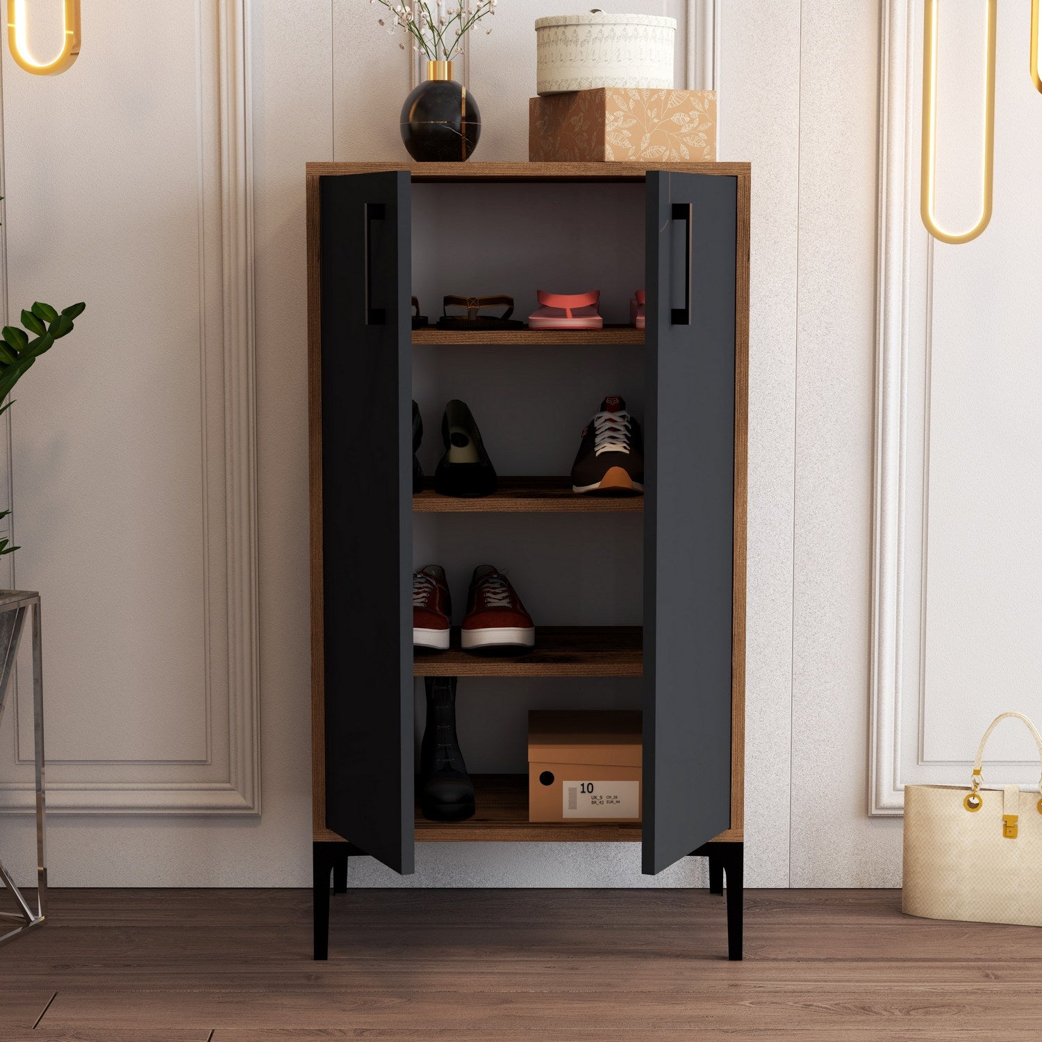 Sapateira industrial, nogueira e antracite, 60 x 111 x 35 cm | 100% revestida em melamina, 18 mm de espessura, pés de metal, montagem na parede, design elegante e funcional