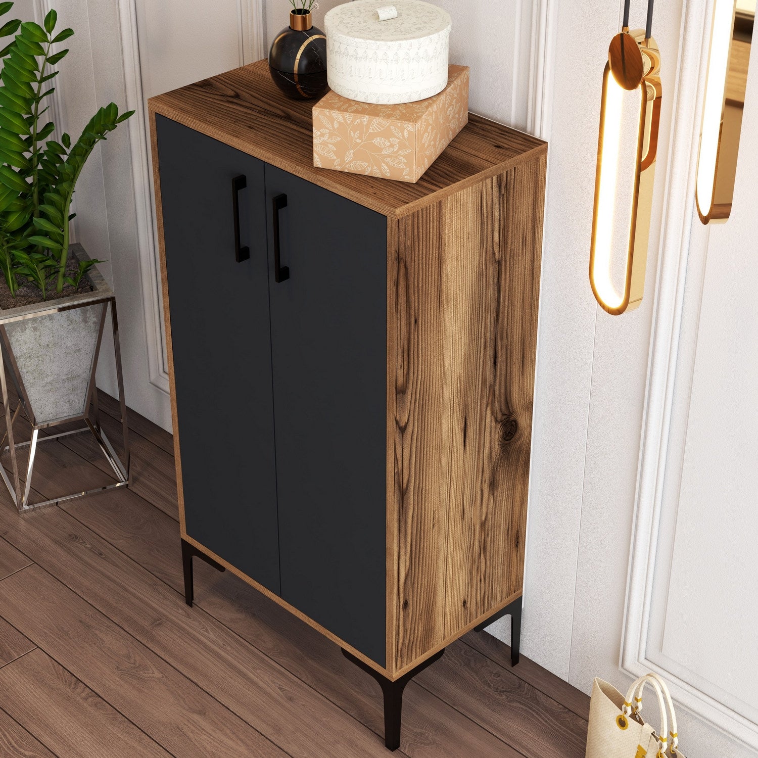 Sapateira industrial, nogueira e antracite, 60 x 111 x 35 cm | 100% revestida em melamina, 18 mm de espessura, pés de metal, montagem na parede, design elegante e funcional