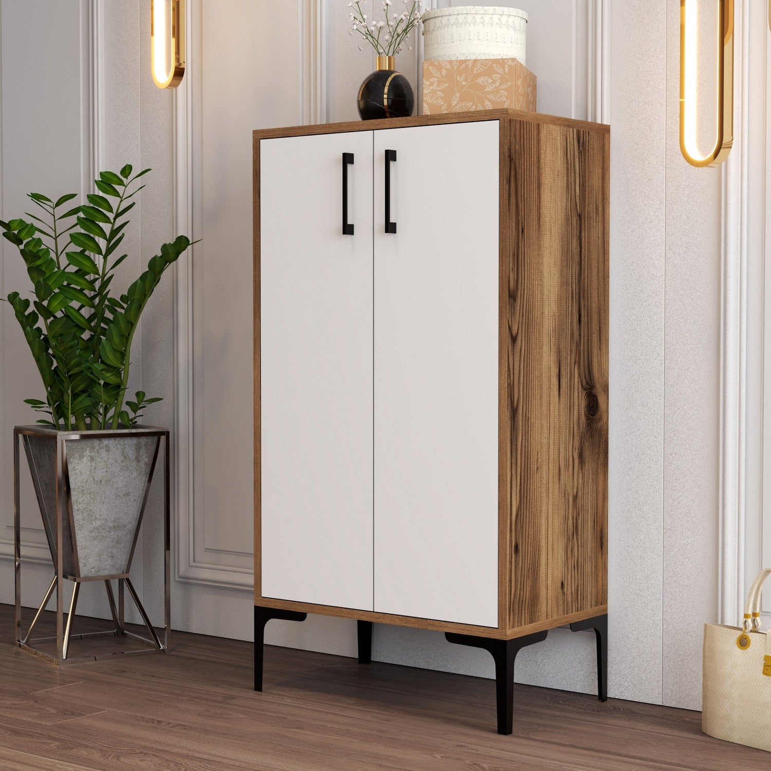 Sapateira industrial, nogueira e branca, 60 x 111 x 35 cm | 100% revestida em melamina, 18 mm de espessura, pés de metal, montagem na parede, design elegante e funcional