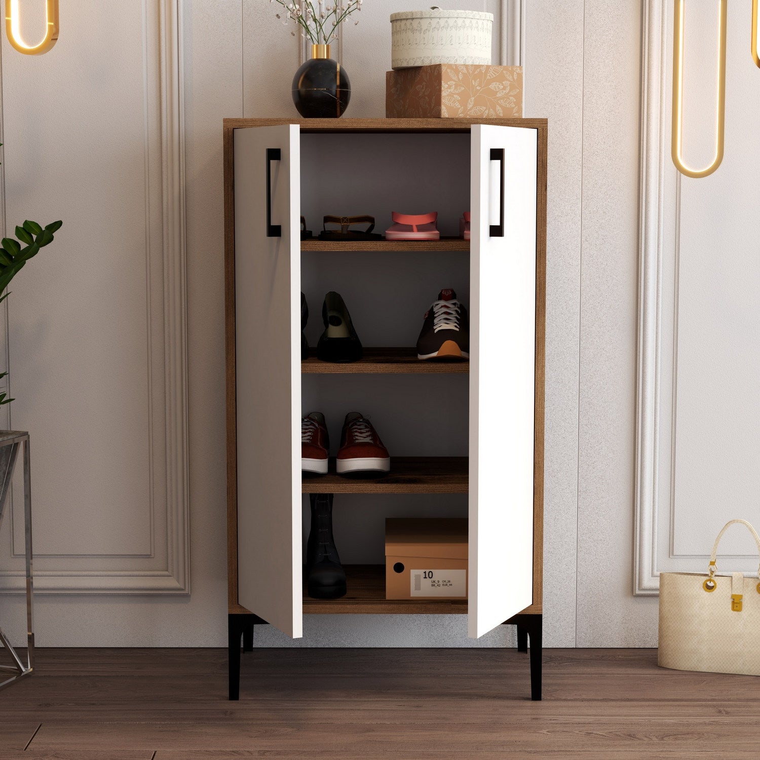 Sapateira industrial, nogueira e branca, 60 x 111 x 35 cm | 100% revestida em melamina, 18 mm de espessura, pés de metal, montagem na parede, design elegante e funcional