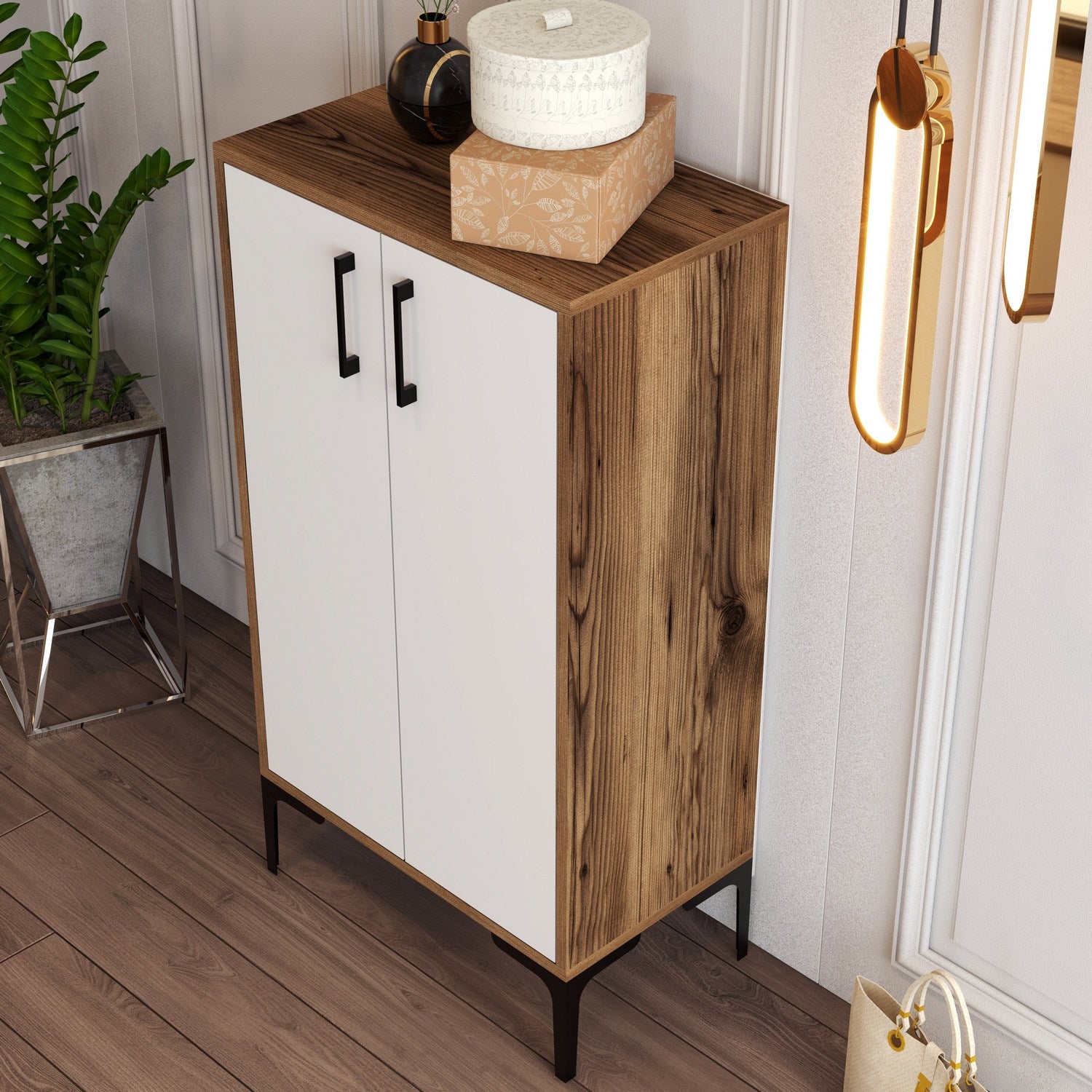Sapateira industrial, nogueira e branca, 60 x 111 x 35 cm | 100% revestida em melamina, 18 mm de espessura, pés de metal, montagem na parede, design elegante e funcional