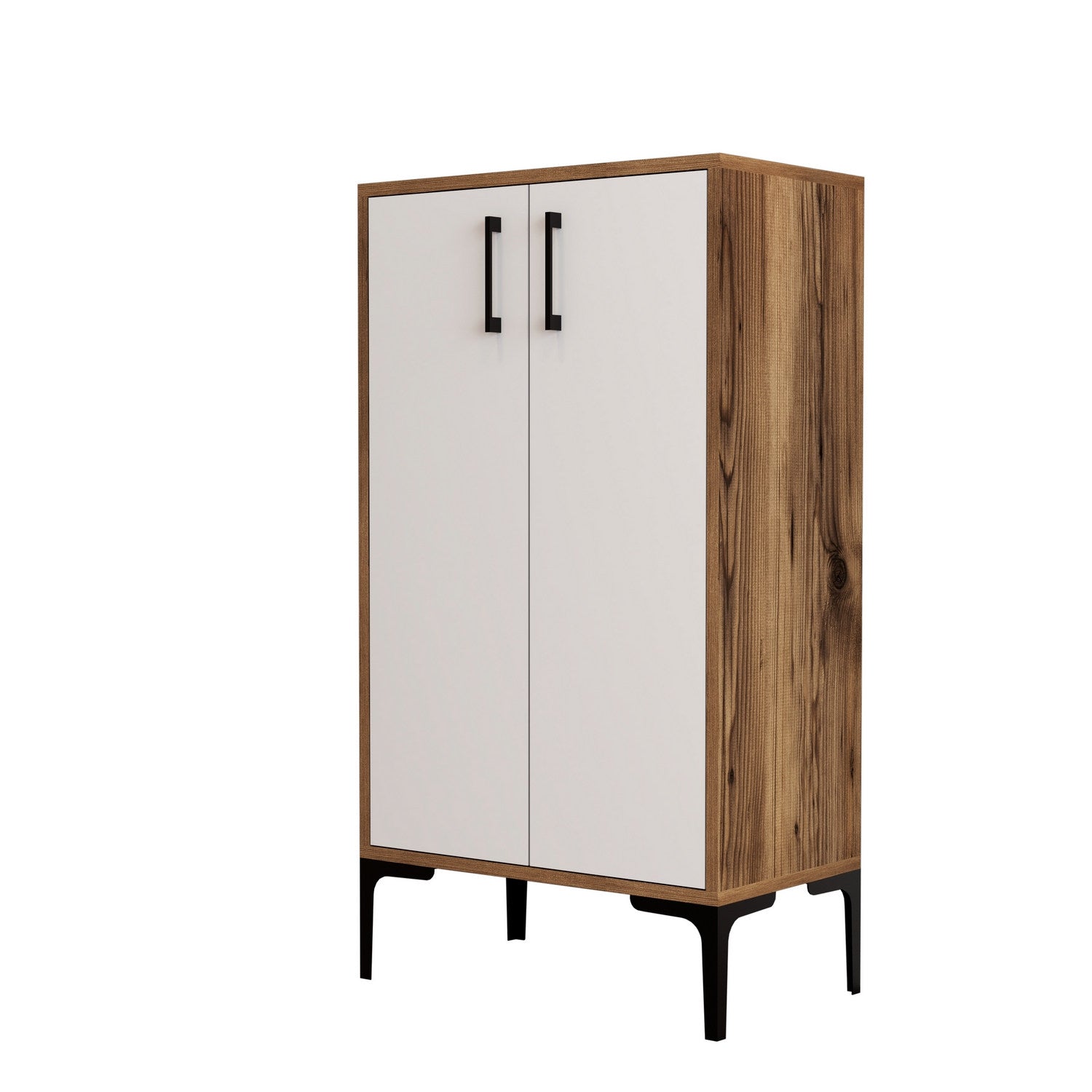 Sapateira industrial, nogueira e branca, 60 x 111 x 35 cm | 100% revestida em melamina, 18 mm de espessura, pés de metal, montagem na parede, design elegante e funcional