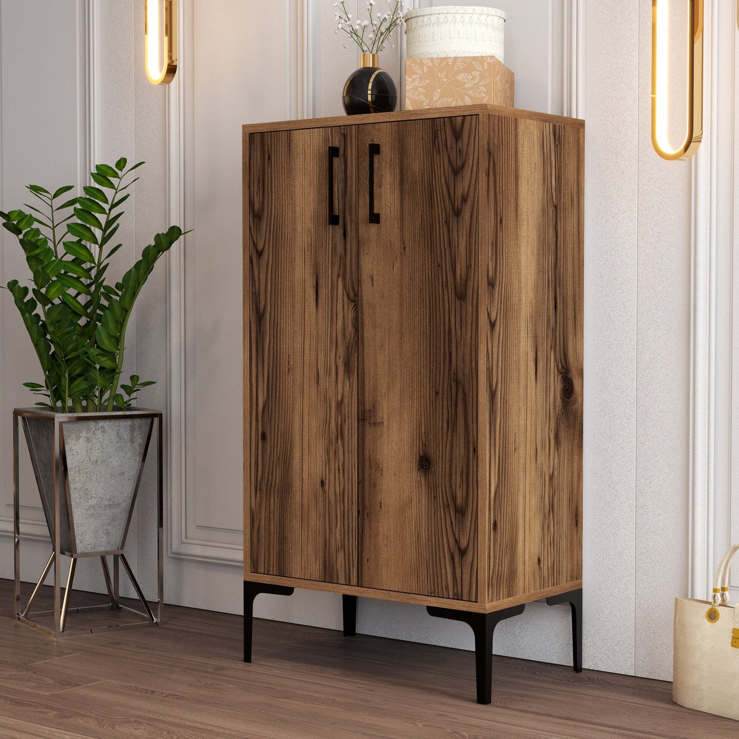 Sapateira industrial, cor nogueira, 60 x 111 x 35 cm | Painel de partículas 100% revestido em melamina, 18 mm de espessura, pés de metal, montagem na parede, design elegante e funcional