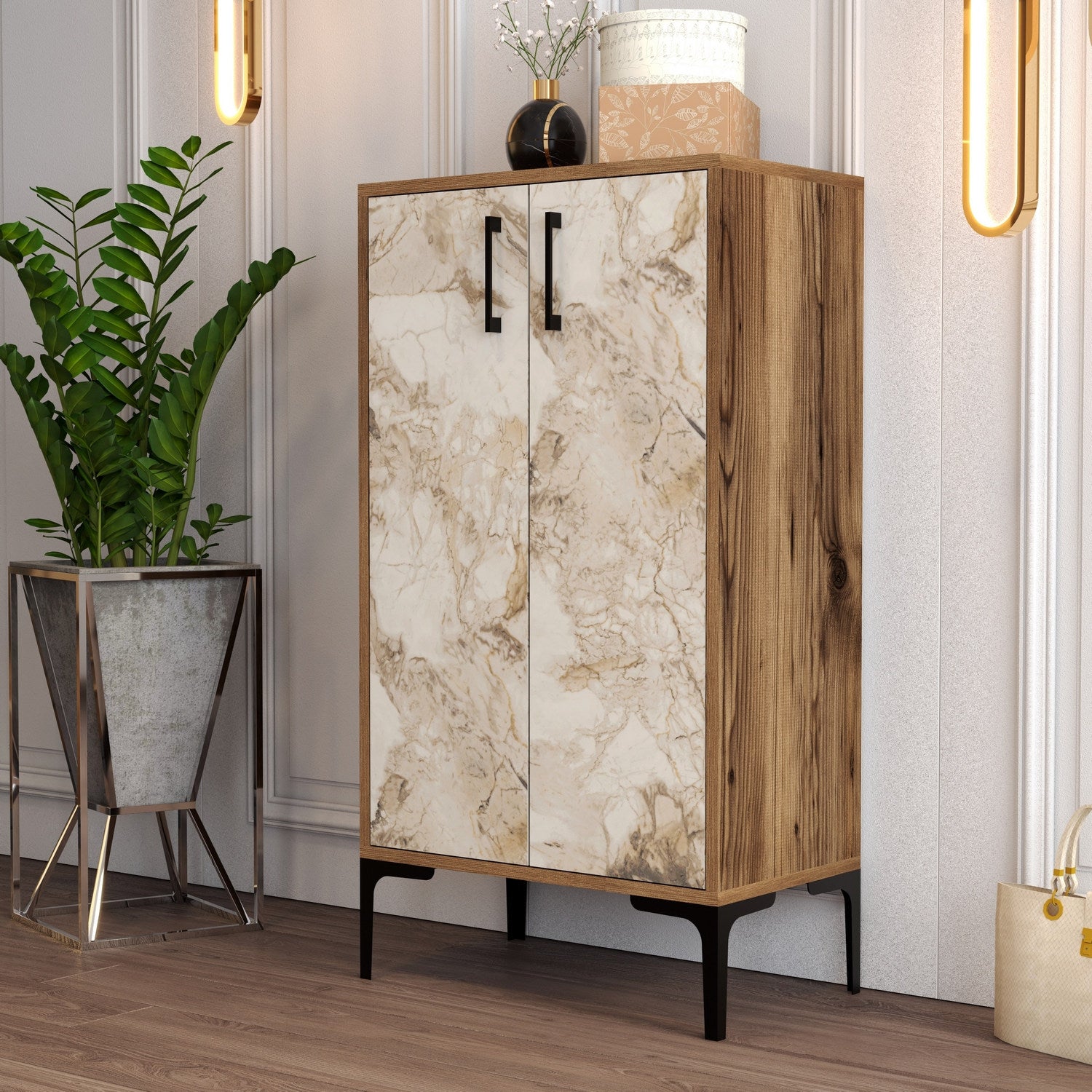 Sapateira industrial, nogueira e branca, 60 x 111 x 35 cm | 100% revestida em melamina, 18 mm de espessura, pés de metal, montagem na parede, design elegante e funcional