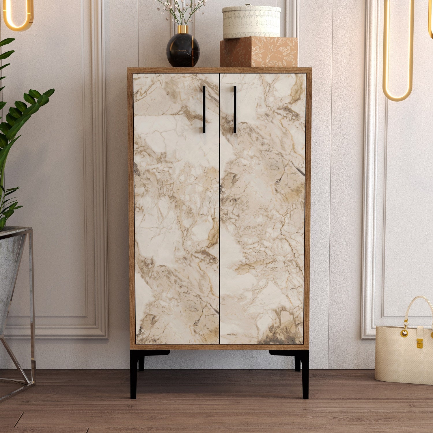 Sapateira industrial, nogueira e branca, 60 x 111 x 35 cm | 100% revestida em melamina, 18 mm de espessura, pés de metal, montagem na parede, design elegante e funcional