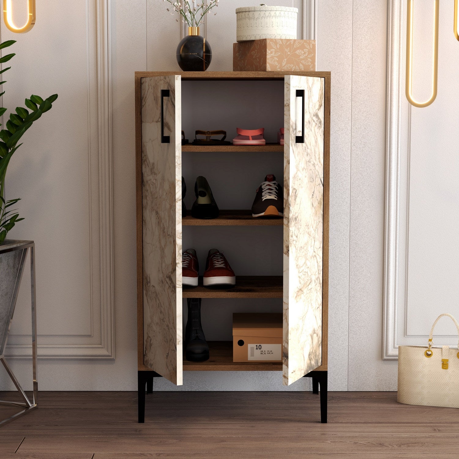 Sapateira industrial, nogueira e branca, 60 x 111 x 35 cm | 100% revestida em melamina, 18 mm de espessura, pés de metal, montagem na parede, design elegante e funcional