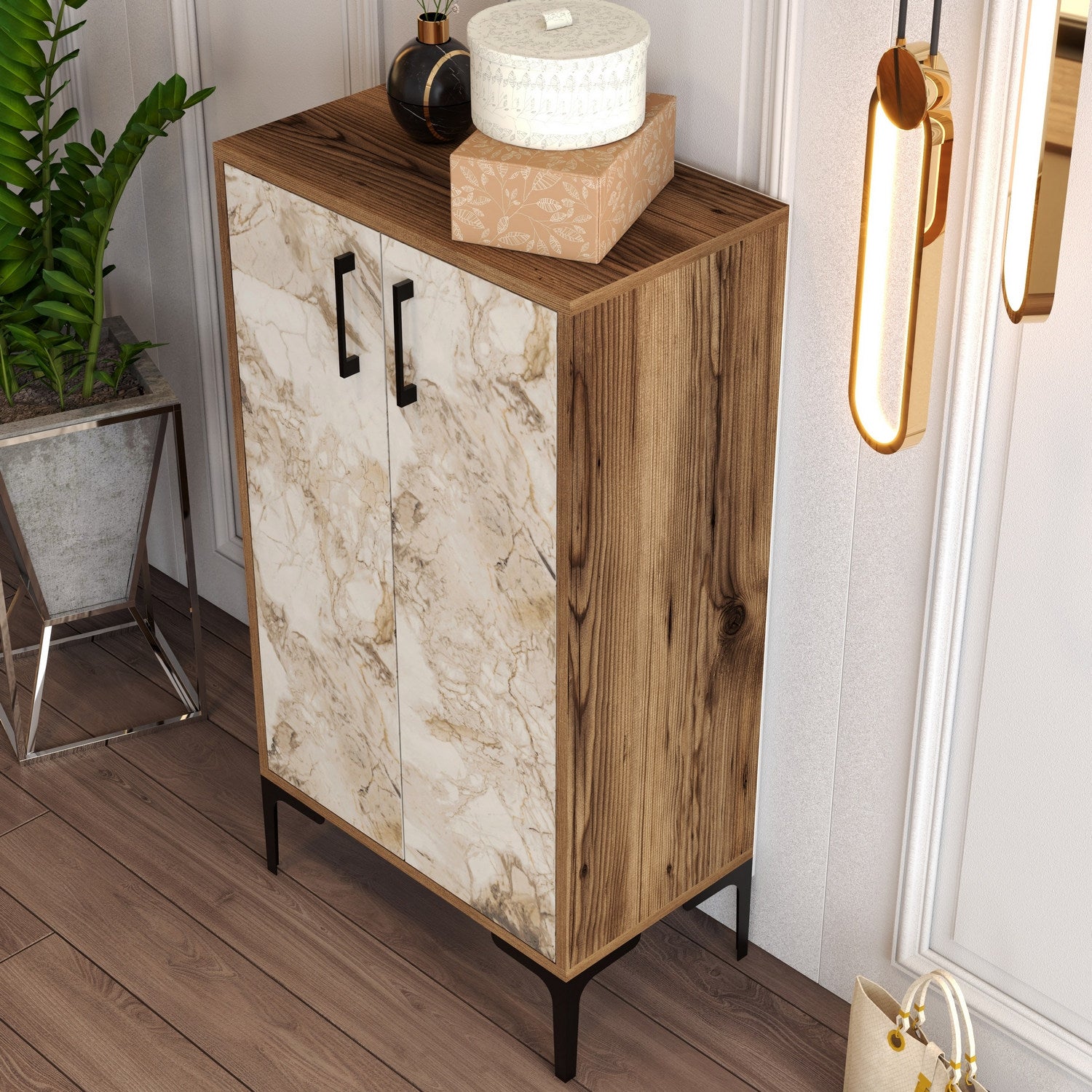Sapateira industrial, nogueira e branca, 60 x 111 x 35 cm | 100% revestida em melamina, 18 mm de espessura, pés de metal, montagem na parede, design elegante e funcional