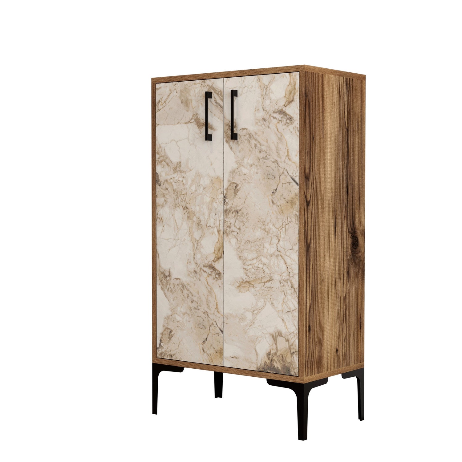 Sapateira industrial, nogueira e branca, 60 x 111 x 35 cm | 100% revestida em melamina, 18 mm de espessura, pés de metal, montagem na parede, design elegante e funcional