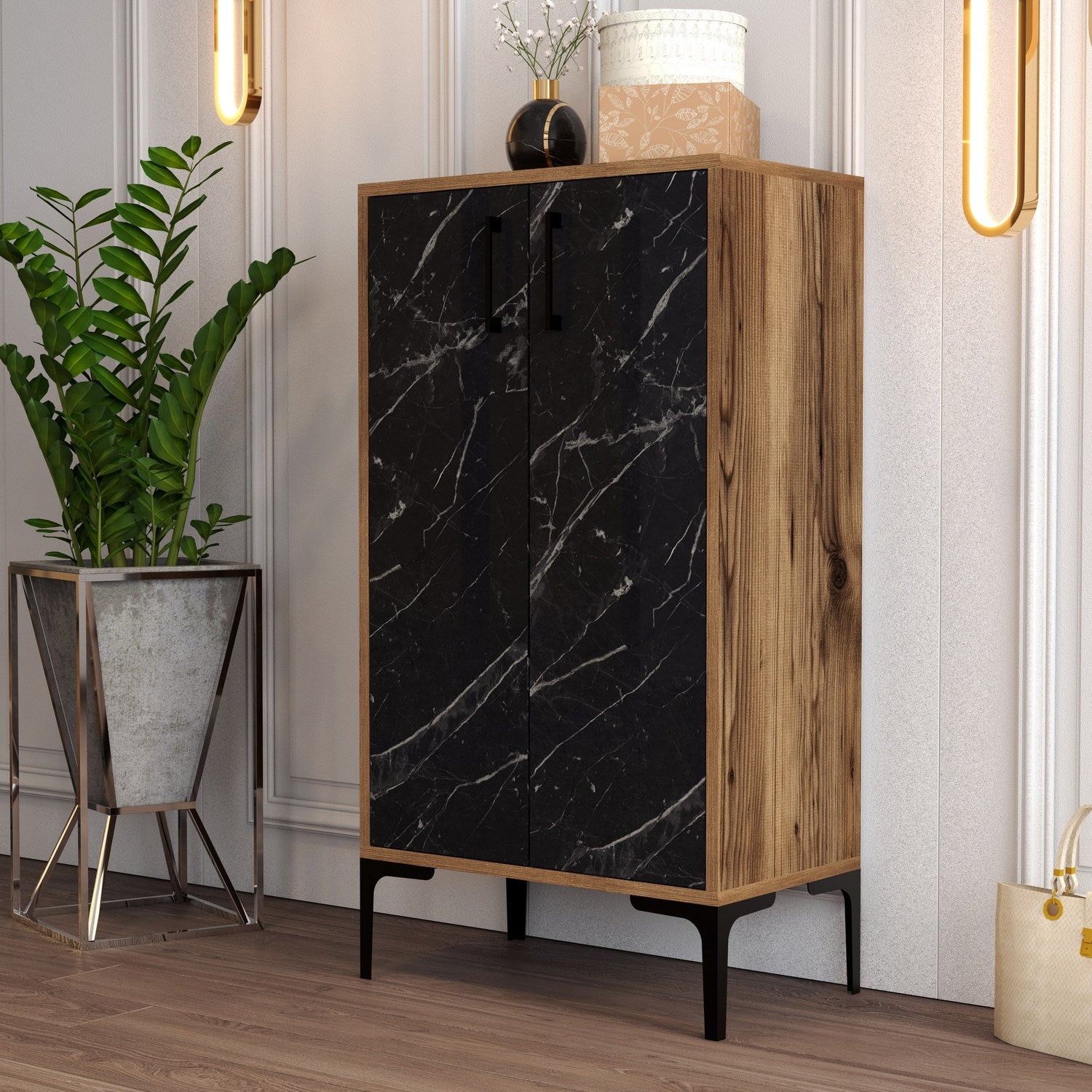 Sapateira industrial, nogueira e preta, 60 x 111 x 35 cm | 100% revestida em melamina, 18 mm de espessura, pés de metal, montagem na parede, design elegante e funcional
